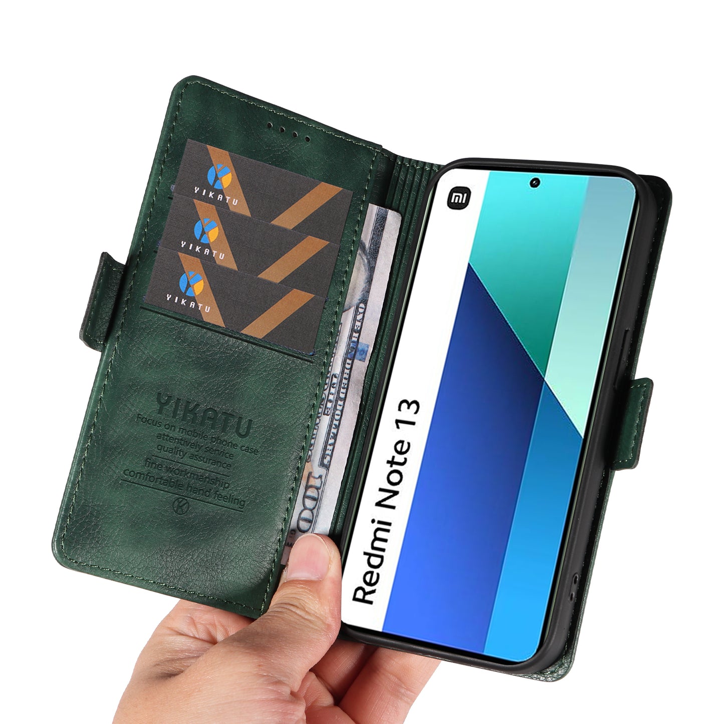 YIKATU YK-007 For Xiaomi Redmi Note 13 4G Leather Case Litchi Texture Cover Phone Wallet - Green