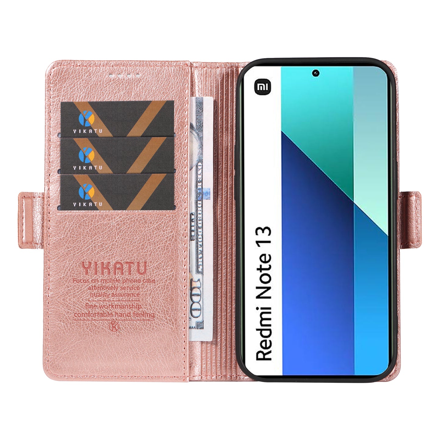 YIKATU YK-007 For Xiaomi Redmi Note 13 4G Leather Case Litchi Texture Cover Phone Wallet - Rose Gold