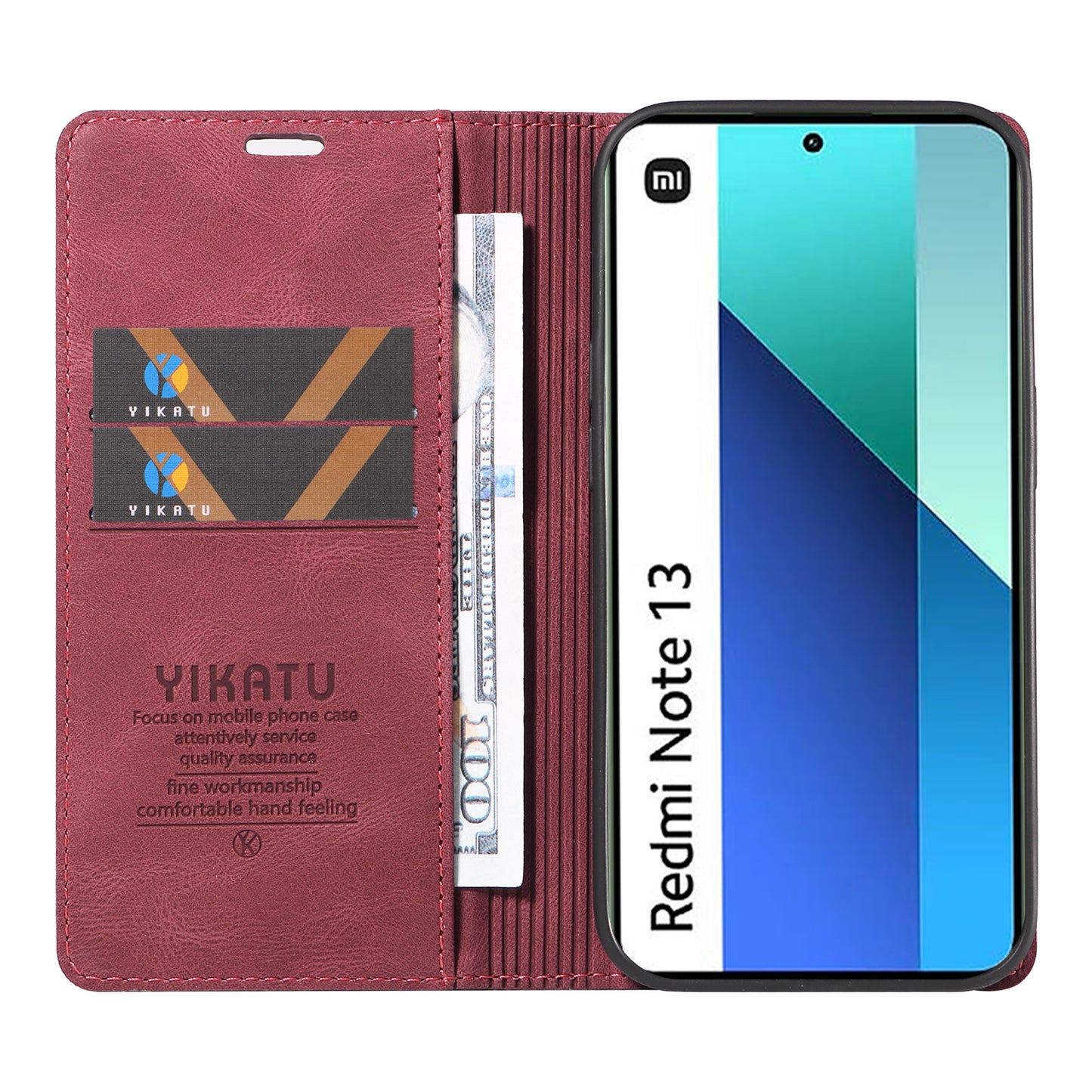 YIKATU YK-004 For Xiaomi Redmi Note 13 4G Leather Case Wallet Magnetic Closing - Wine Red