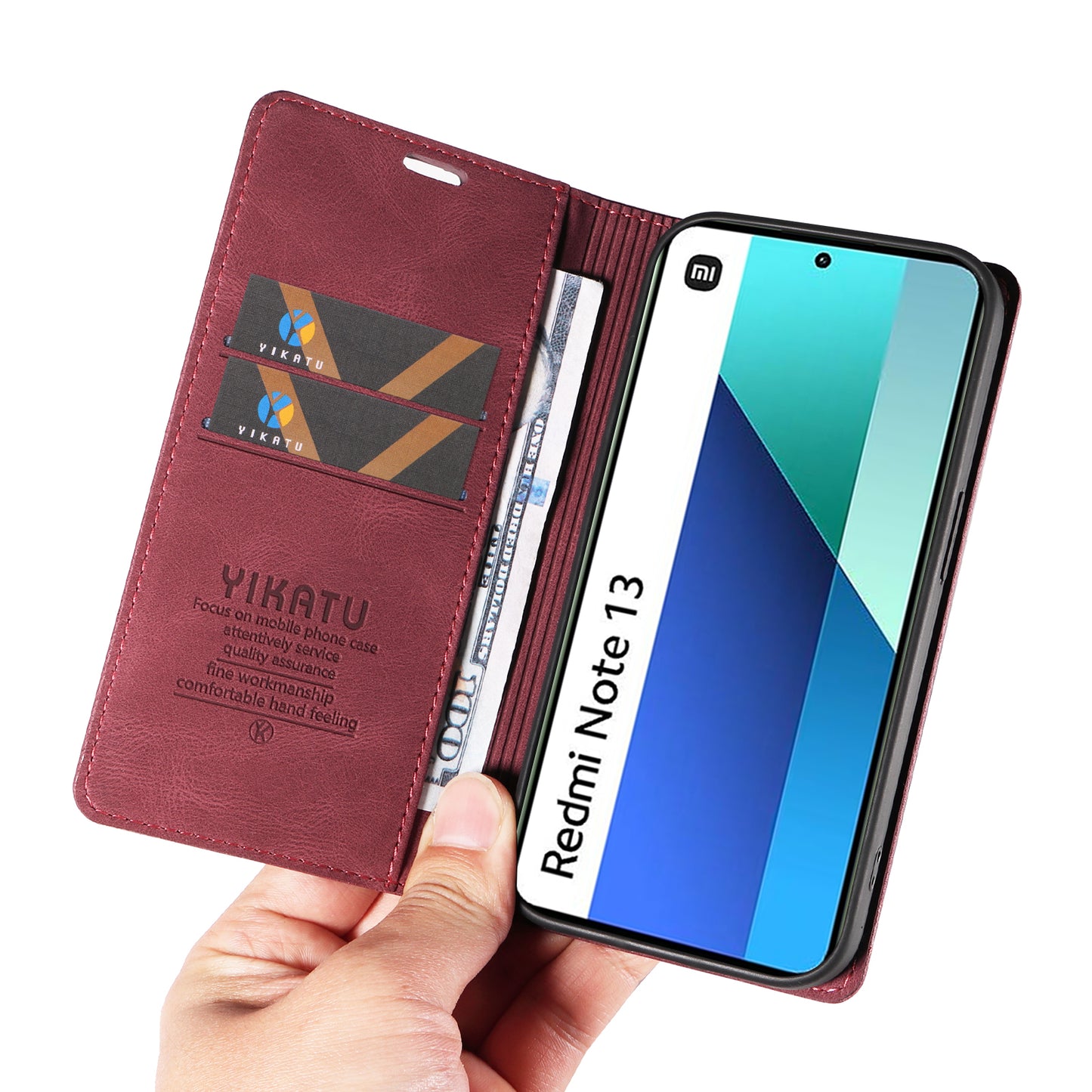 YIKATU YK-004 For Xiaomi Redmi Note 13 4G Leather Case Wallet Magnetic Closing - Wine Red
