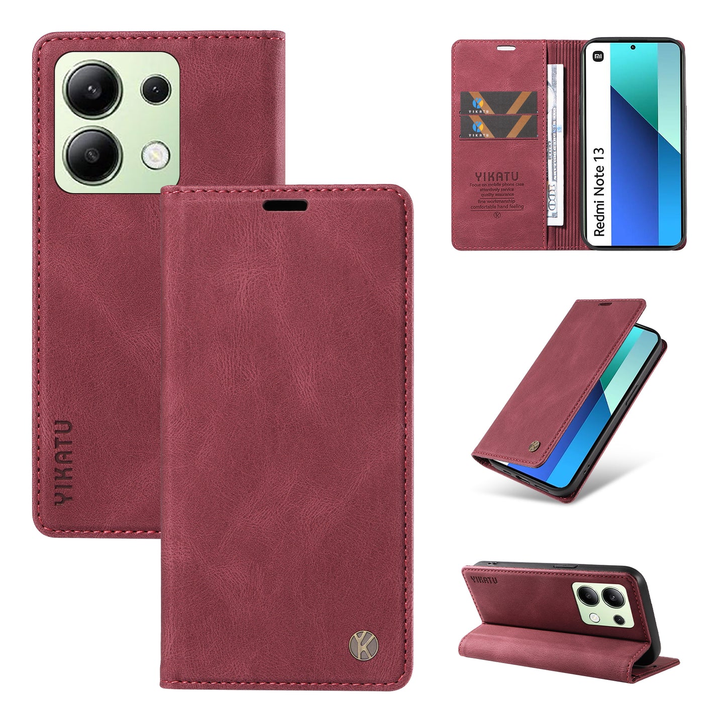 YIKATU YK-004 For Xiaomi Redmi Note 13 4G Leather Case Wallet Magnetic Closing - Wine Red
