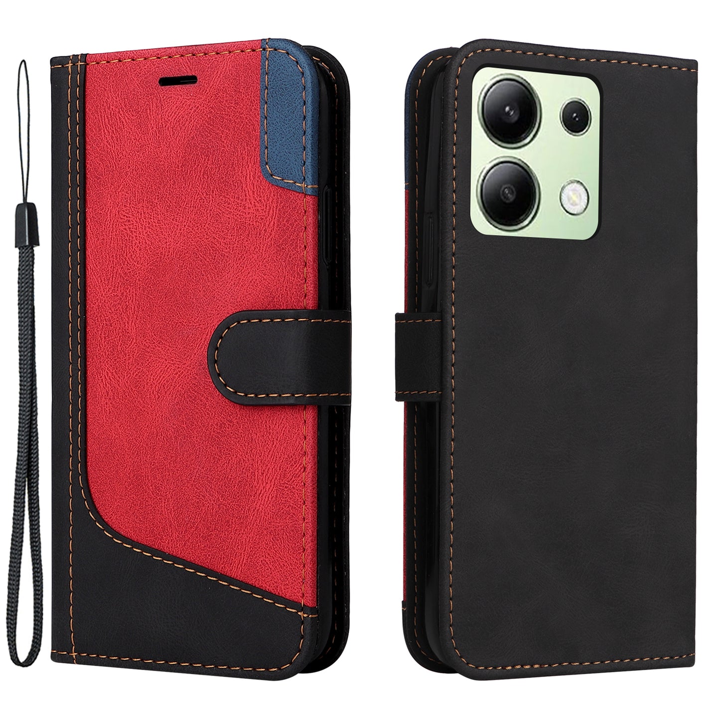 For Xiaomi Redmi Note 13 4G Leather Case Three-color Splicing Phone Cover - Black