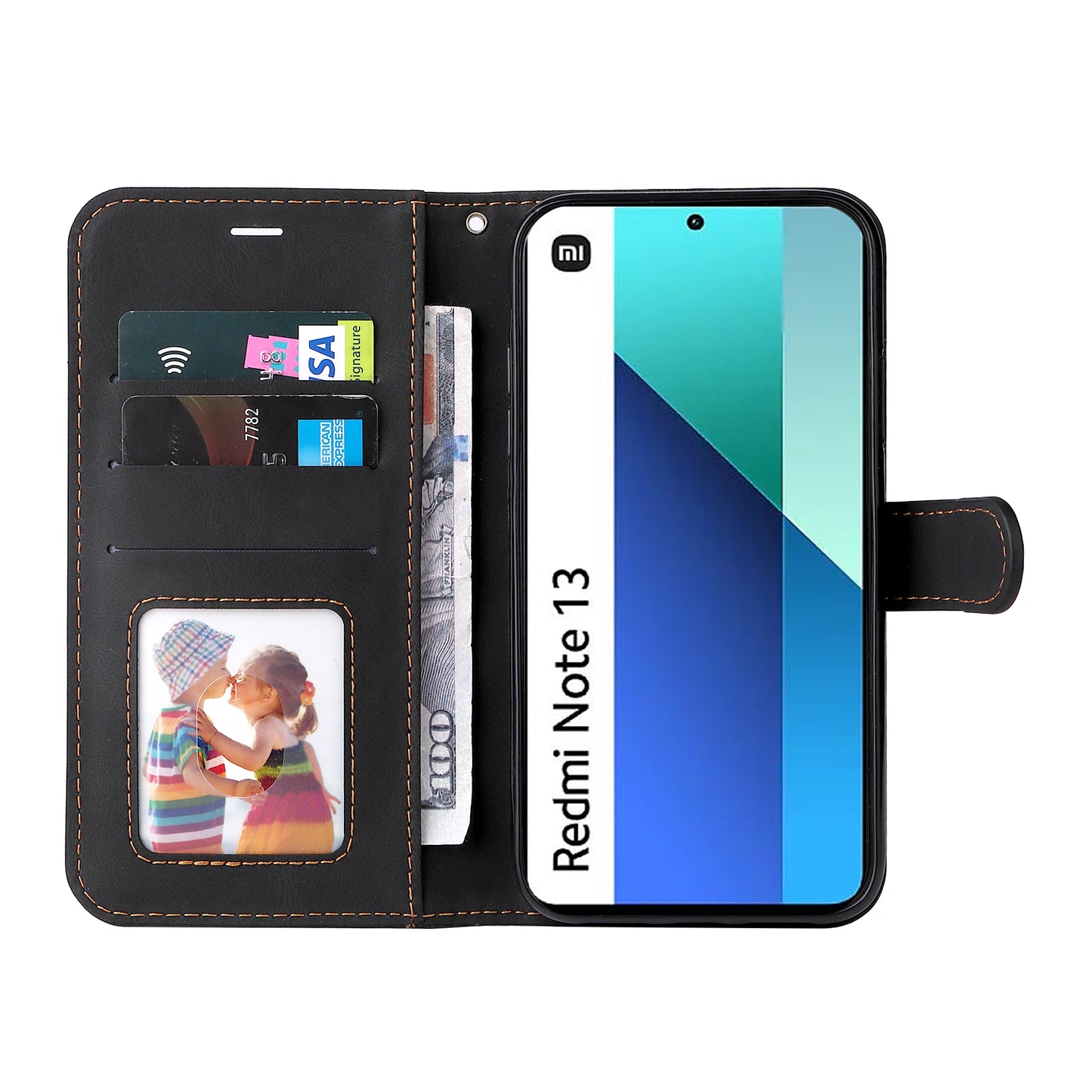 For Xiaomi Redmi Note 13 4G Leather Case Three-color Splicing Phone Cover - Black