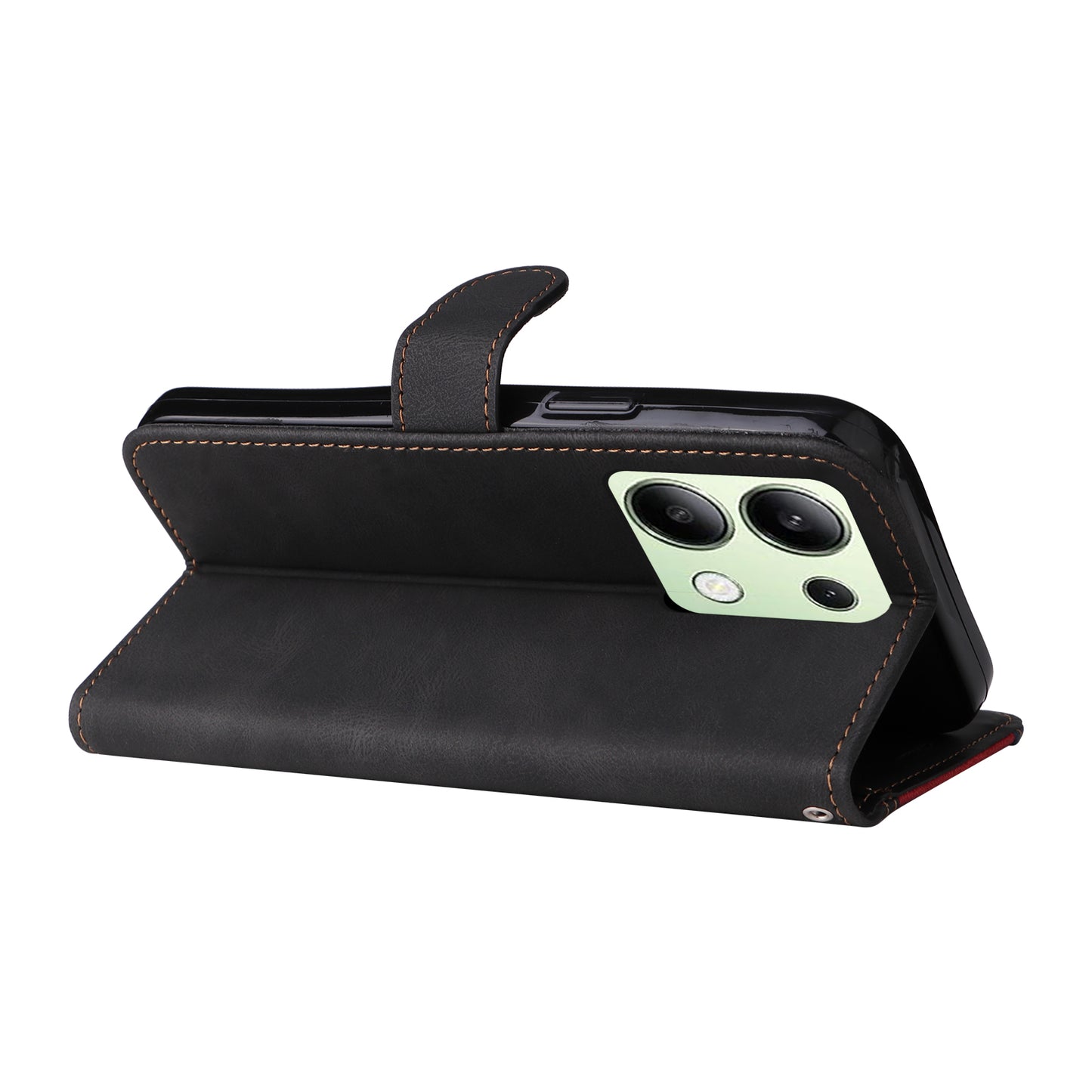 For Xiaomi Redmi Note 13 4G Leather Case Three-color Splicing Phone Cover - Black