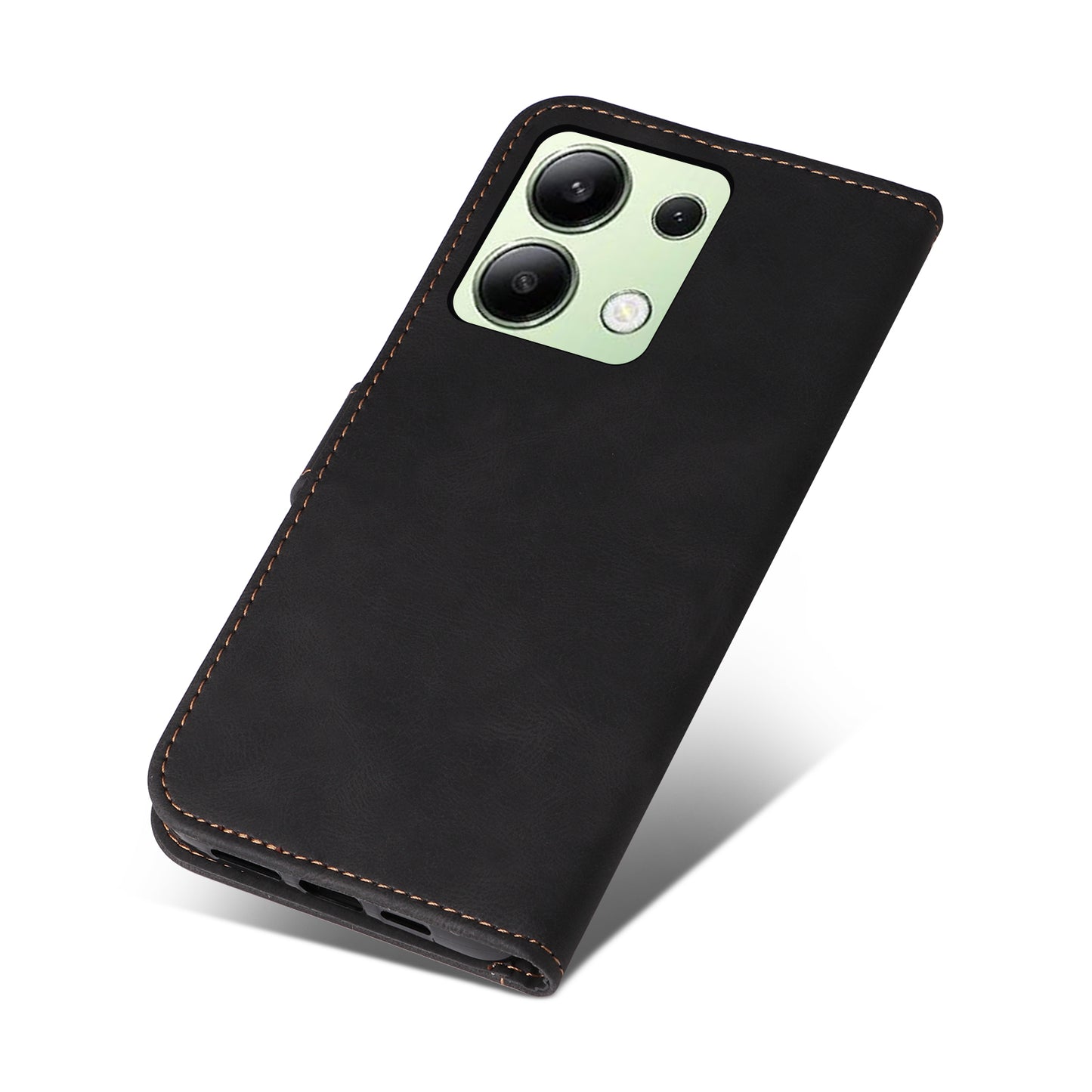 For Xiaomi Redmi Note 13 4G Leather Case Three-color Splicing Phone Cover - Black