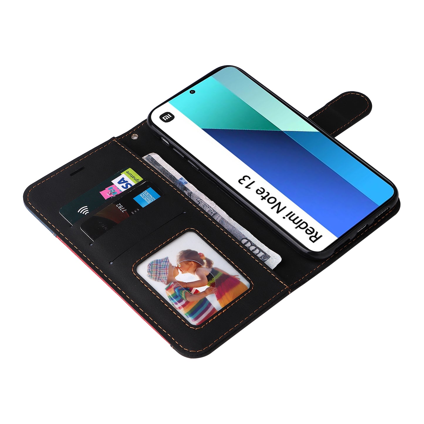 For Xiaomi Redmi Note 13 4G Leather Case Three-color Splicing Phone Cover - Black