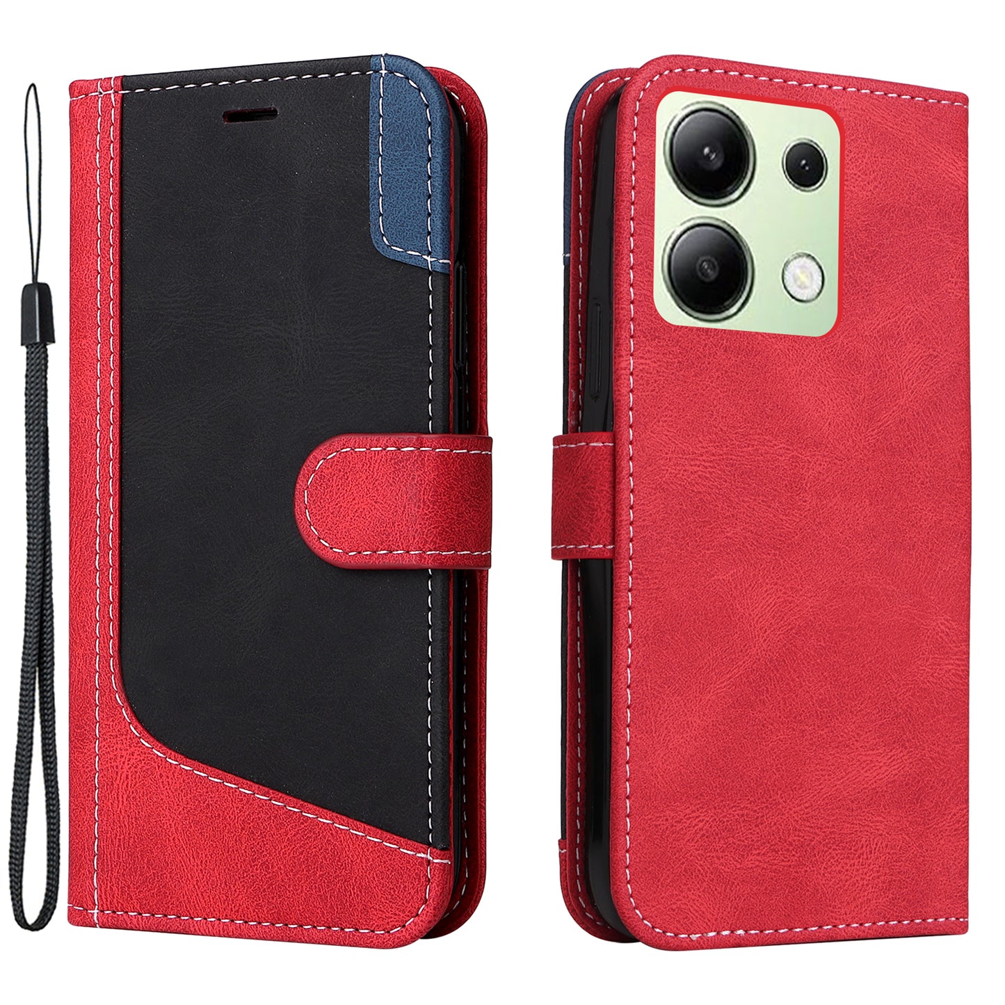 For Xiaomi Redmi Note 13 4G Leather Case Three-color Splicing Phone Cover - Red