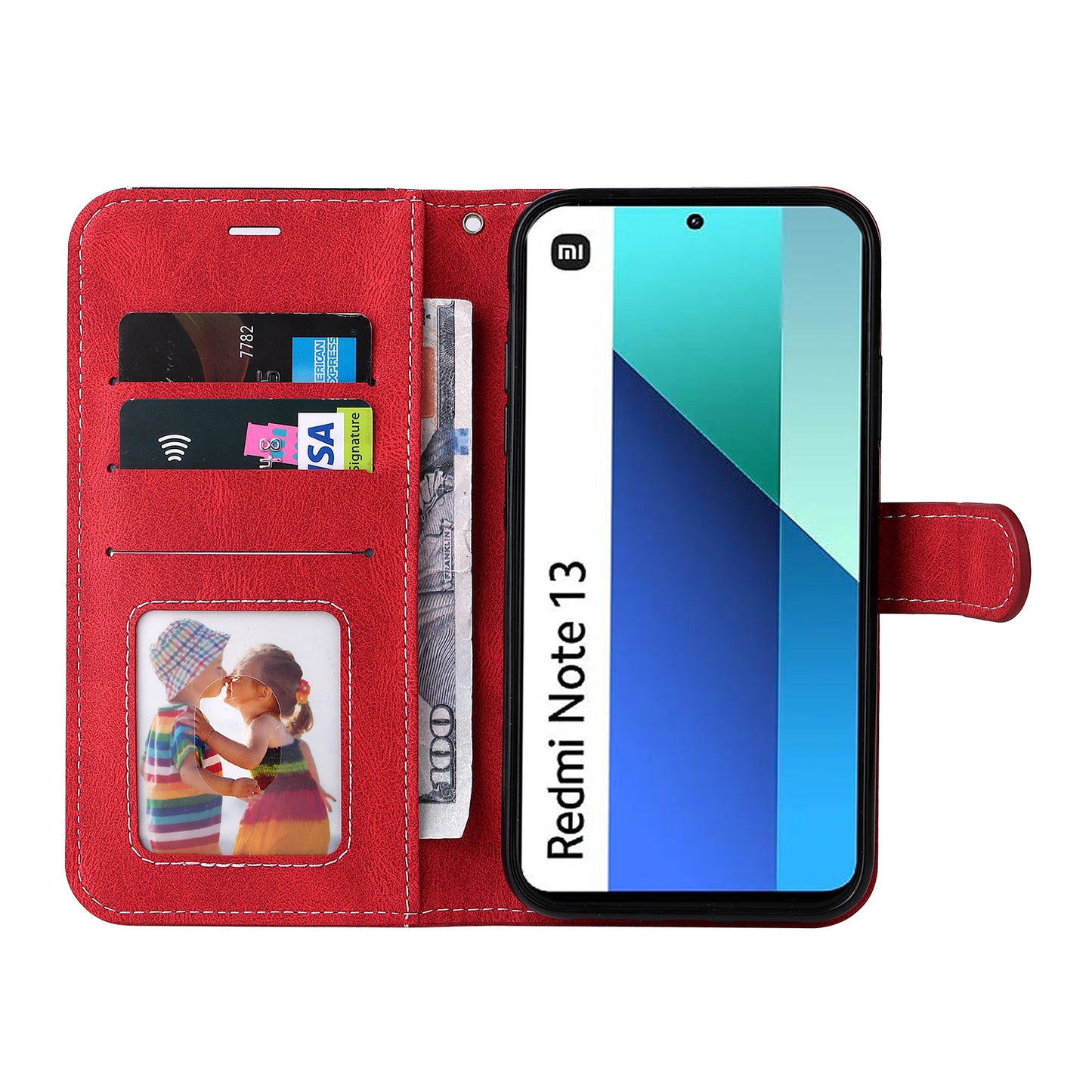 For Xiaomi Redmi Note 13 4G Leather Case Three-color Splicing Phone Cover - Red