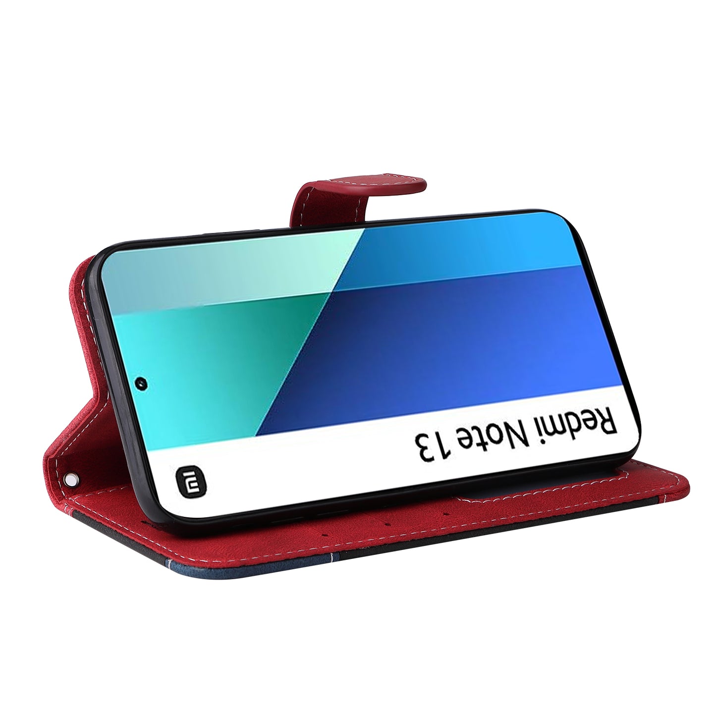 For Xiaomi Redmi Note 13 4G Leather Case Three-color Splicing Phone Cover - Red