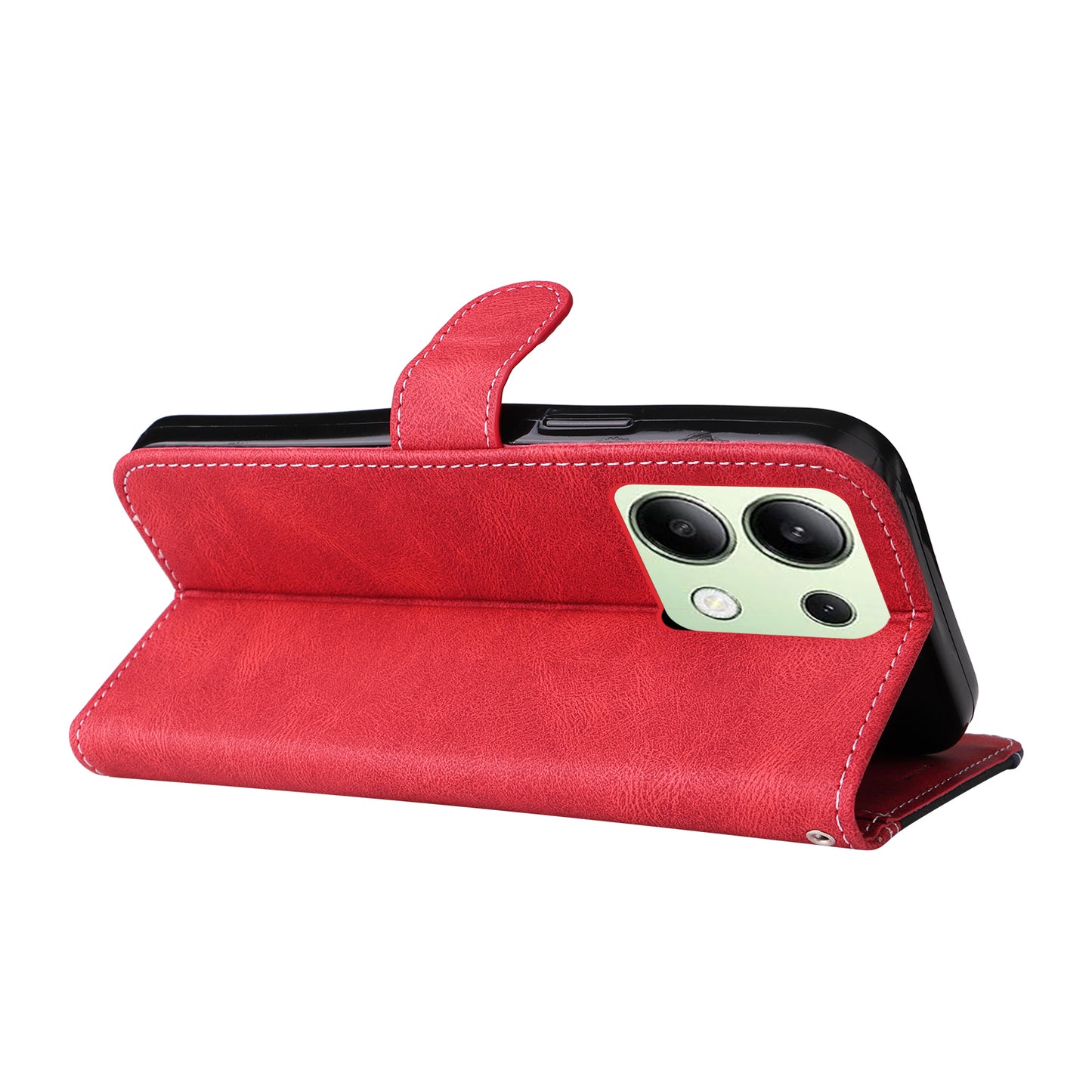 For Xiaomi Redmi Note 13 4G Leather Case Three-color Splicing Phone Cover - Red