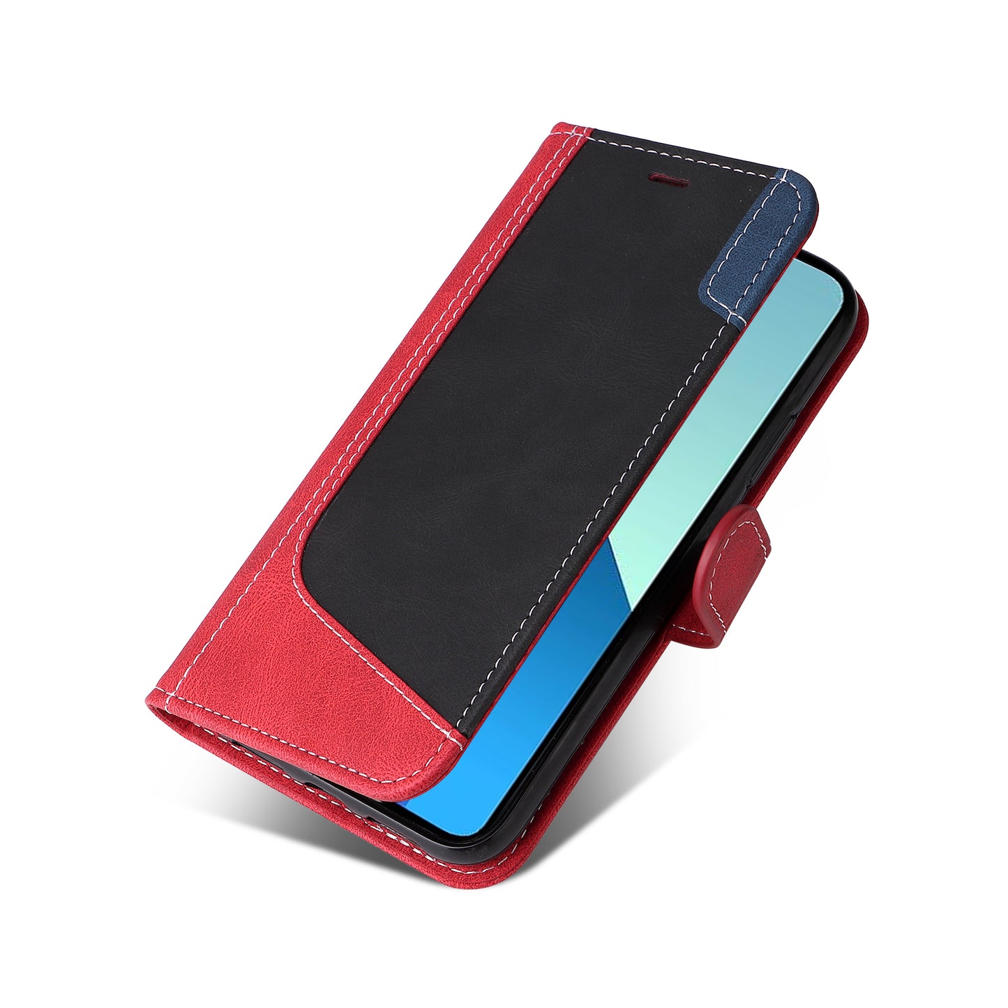 For Xiaomi Redmi Note 13 4G Leather Case Three-color Splicing Phone Cover - Red