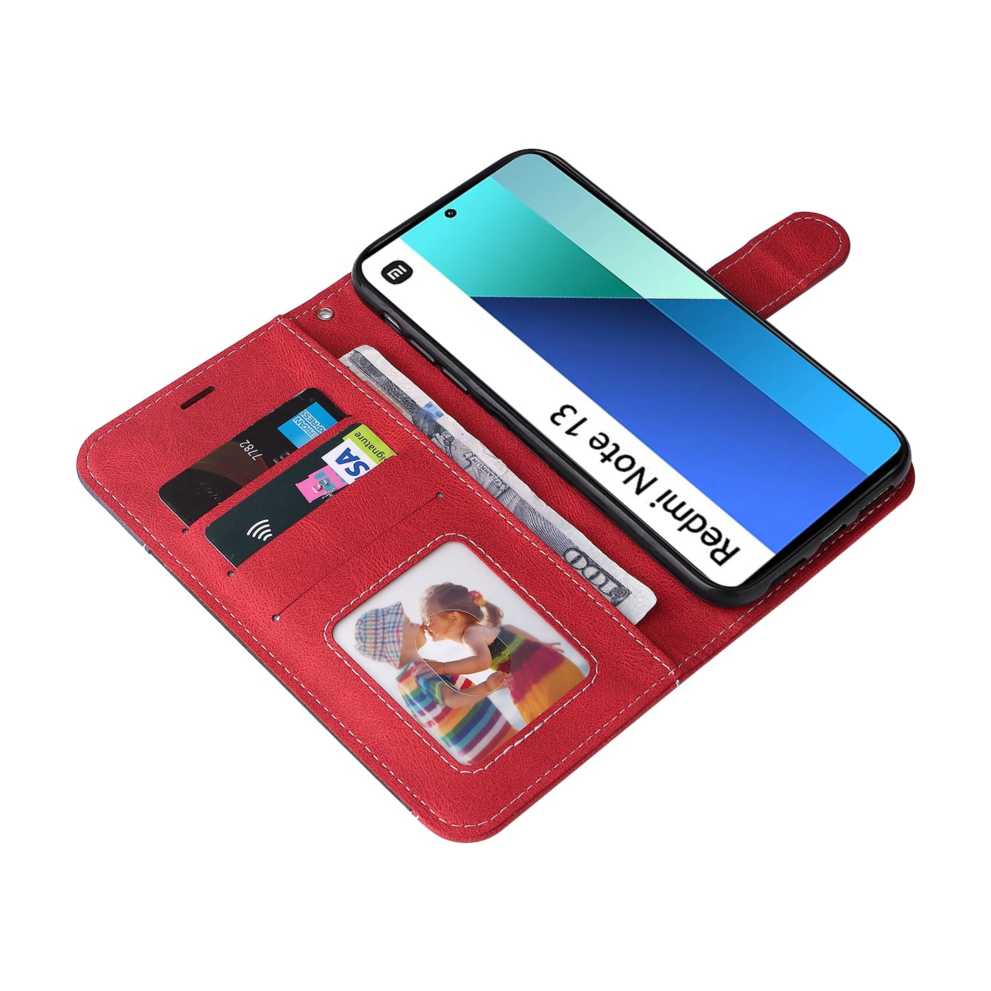For Xiaomi Redmi Note 13 4G Leather Case Three-color Splicing Phone Cover - Red