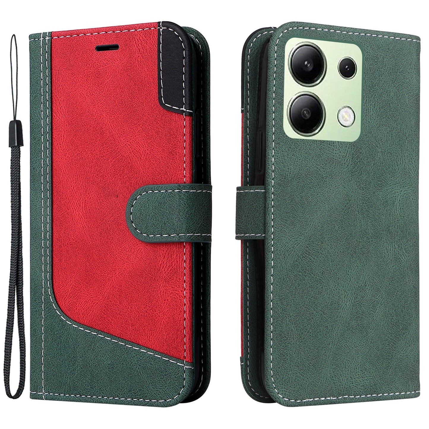 For Xiaomi Redmi Note 13 4G Leather Case Three-color Splicing Phone Cover - Green
