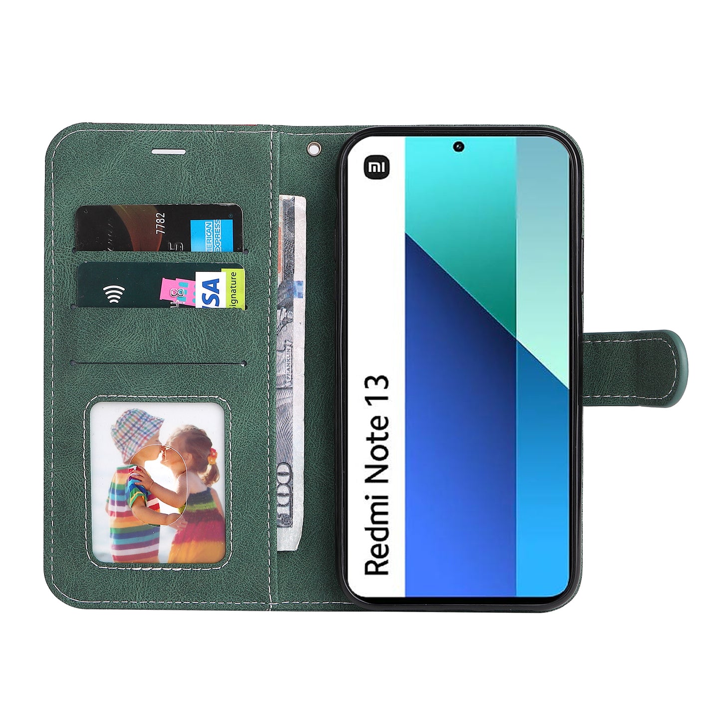 For Xiaomi Redmi Note 13 4G Leather Case Three-color Splicing Phone Cover - Green