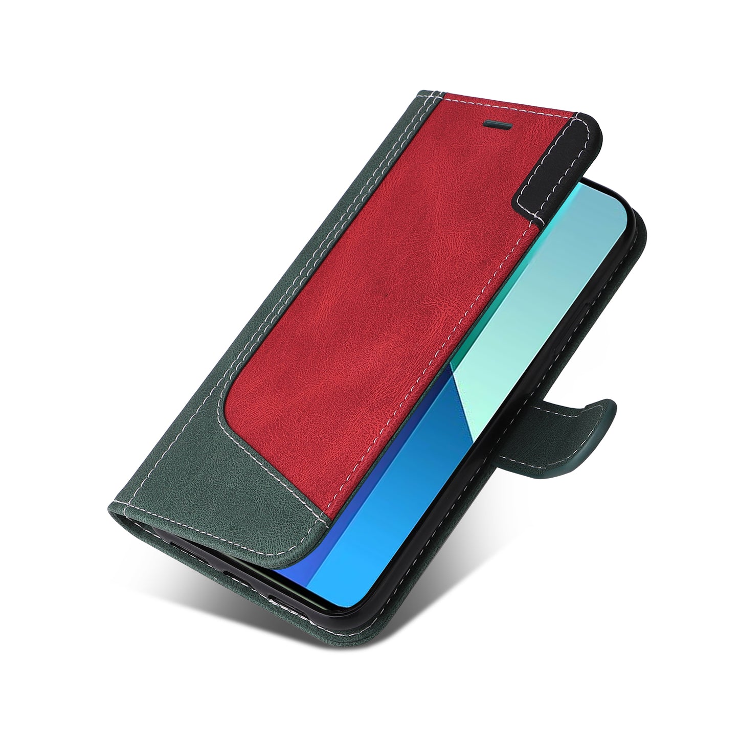 For Xiaomi Redmi Note 13 4G Leather Case Three-color Splicing Phone Cover - Green