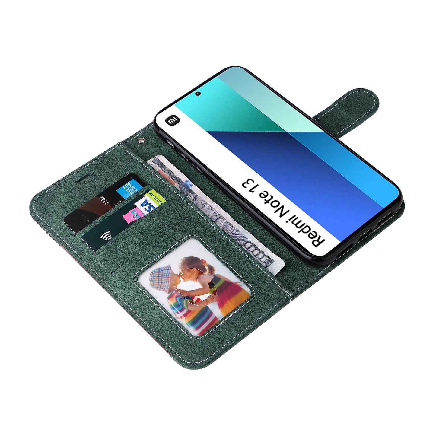 For Xiaomi Redmi Note 13 4G Leather Case Three-color Splicing Phone Cover - Green