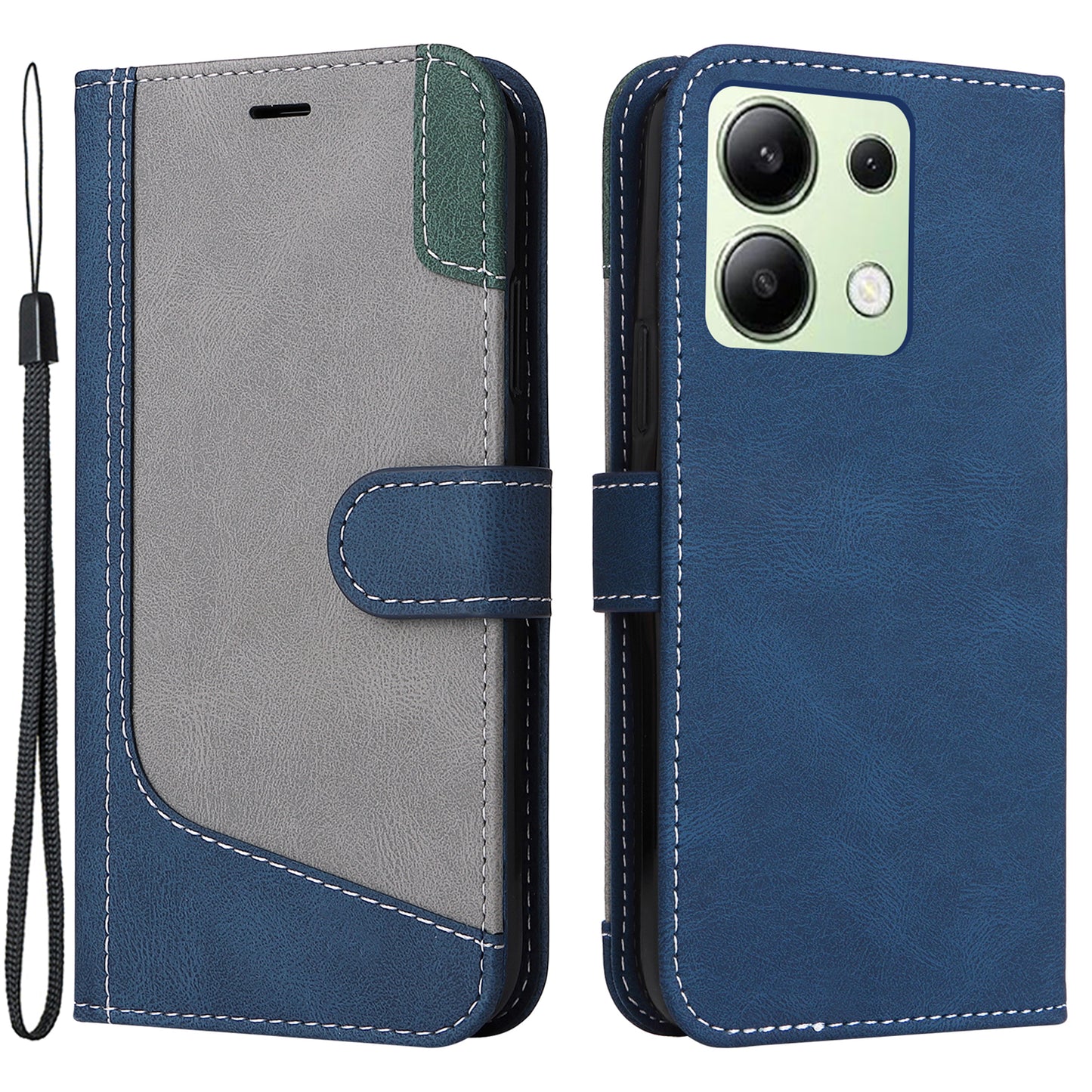 For Xiaomi Redmi Note 13 4G Leather Case Three-color Splicing Phone Cover - Blue