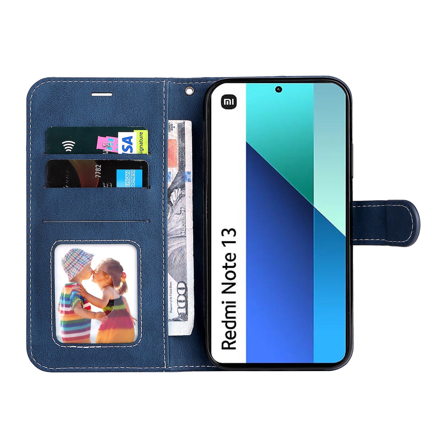 For Xiaomi Redmi Note 13 4G Leather Case Three-color Splicing Phone Cover - Blue