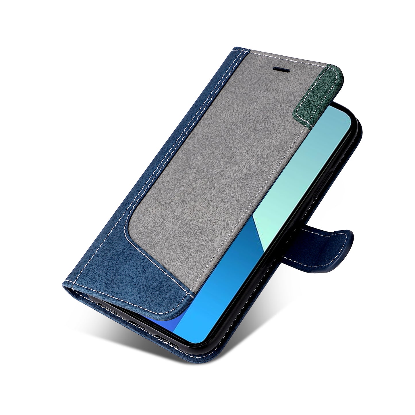 For Xiaomi Redmi Note 13 4G Leather Case Three-color Splicing Phone Cover - Blue