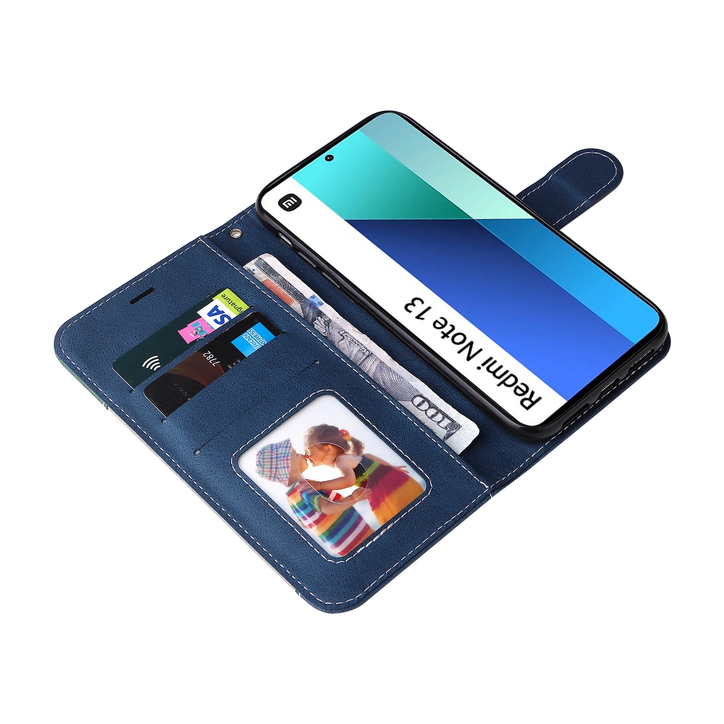 For Xiaomi Redmi Note 13 4G Leather Case Three-color Splicing Phone Cover - Blue