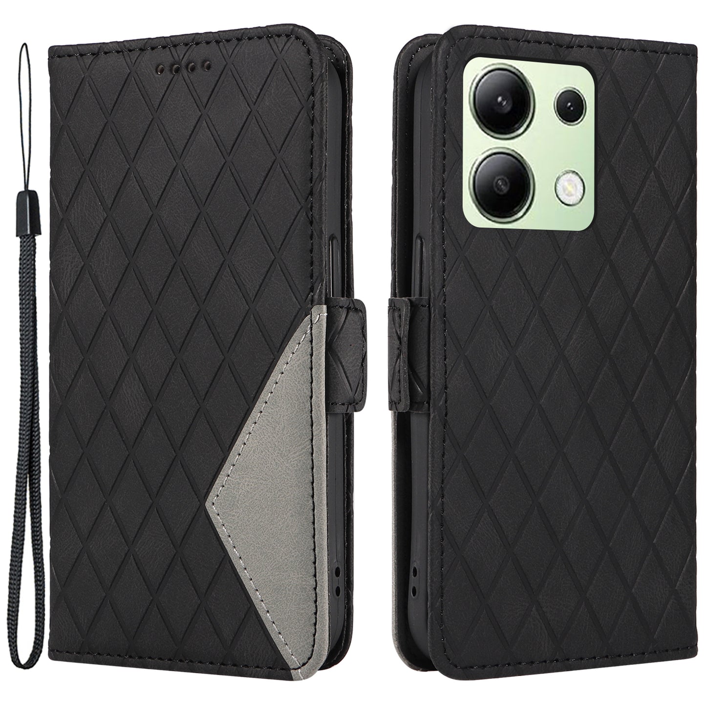 For Xiaomi Redmi Note 13 4G Leather Case Wallet Phone Cover Rhombus Pattern - Black