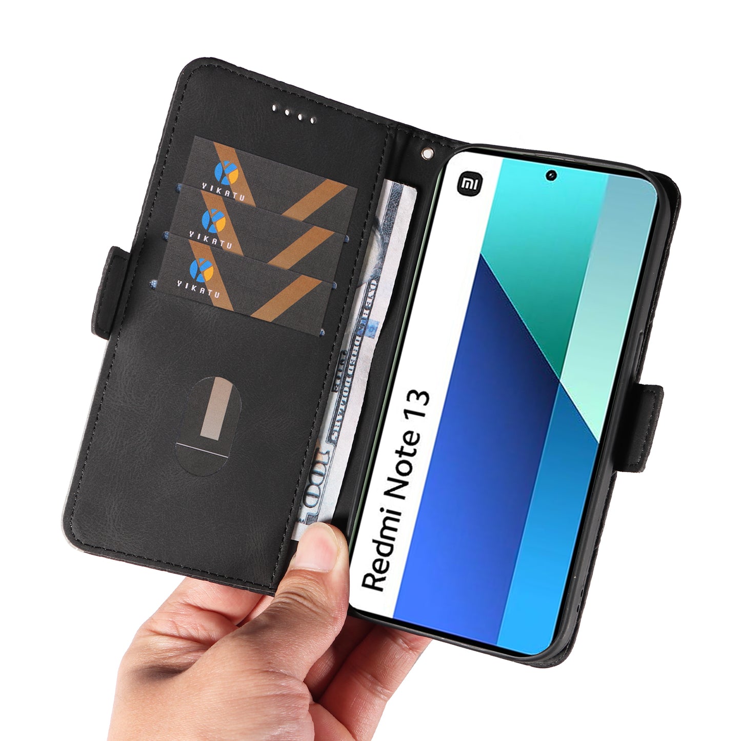 For Xiaomi Redmi Note 13 4G Leather Case Wallet Phone Cover Rhombus Pattern - Black