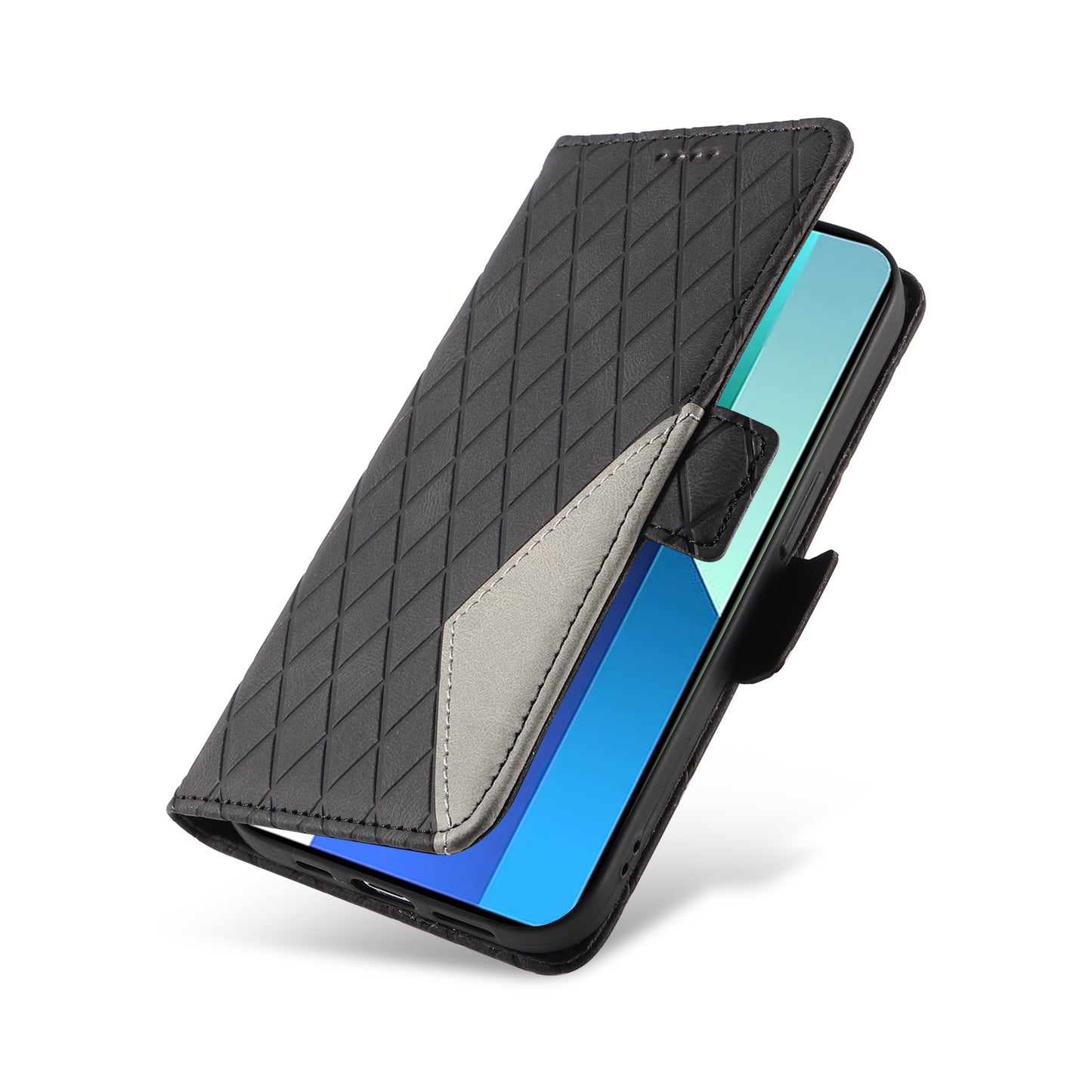 For Xiaomi Redmi Note 13 4G Leather Case Wallet Phone Cover Rhombus Pattern - Black