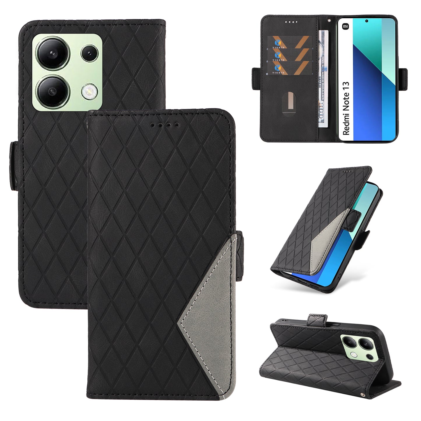 For Xiaomi Redmi Note 13 4G Leather Case Wallet Phone Cover Rhombus Pattern - Black