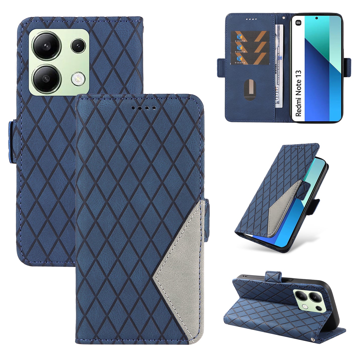 For Xiaomi Redmi Note 13 4G Leather Case Wallet Phone Cover Rhombus Pattern - Blue