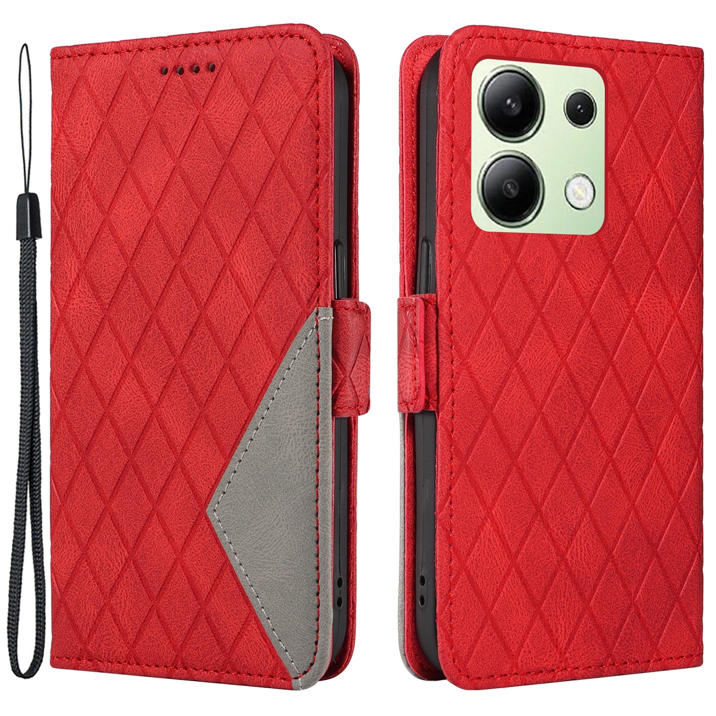 For Xiaomi Redmi Note 13 4G Leather Case Wallet Phone Cover Rhombus Pattern - Red