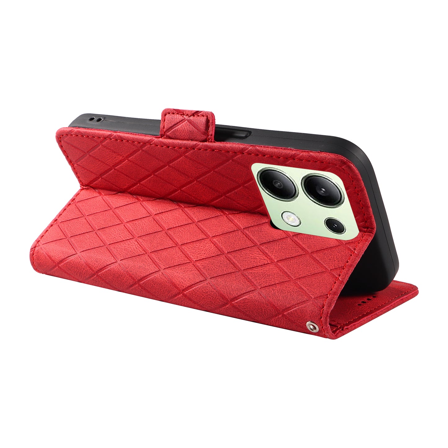 For Xiaomi Redmi Note 13 4G Leather Case Wallet Phone Cover Rhombus Pattern - Red