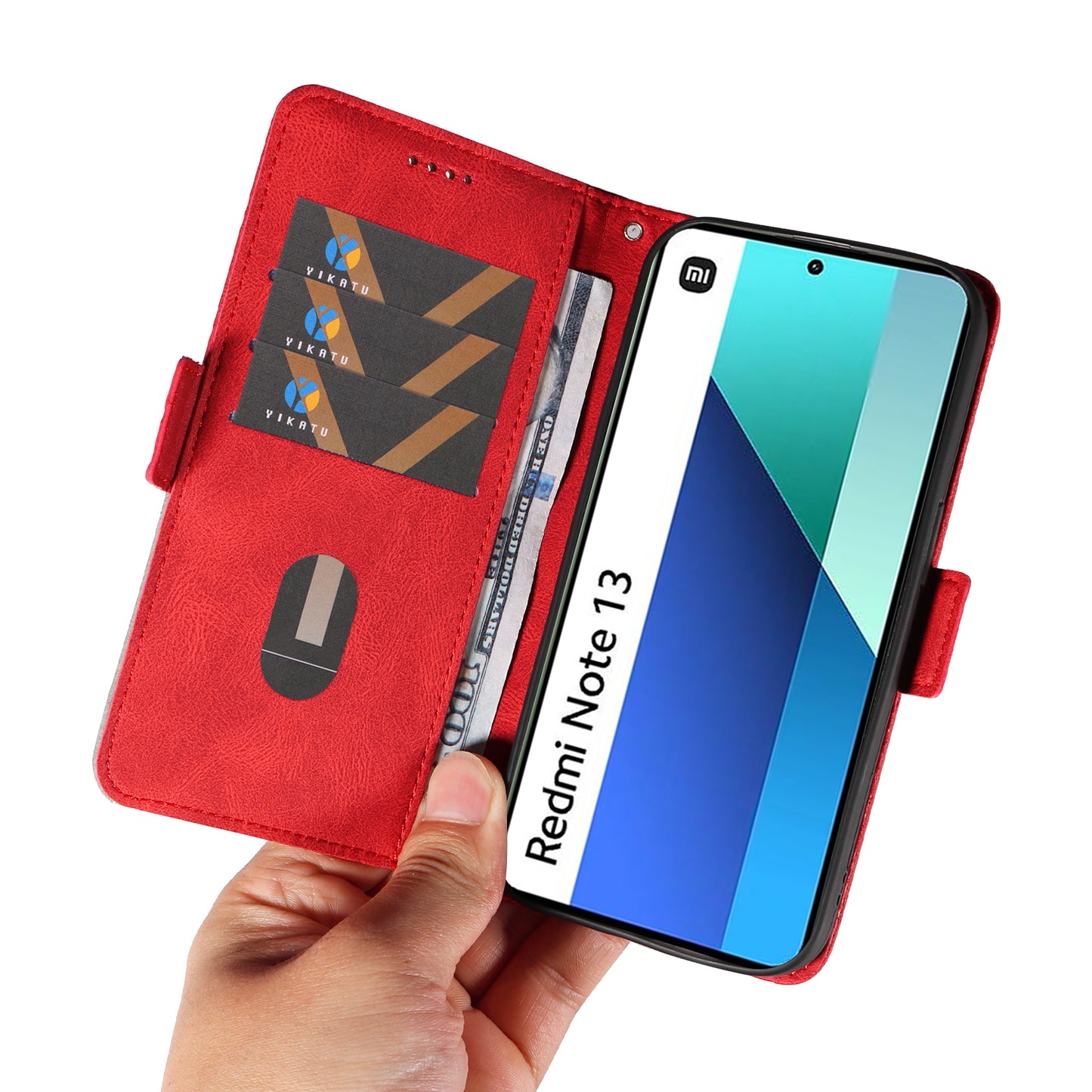 For Xiaomi Redmi Note 13 4G Leather Case Wallet Phone Cover Rhombus Pattern - Red