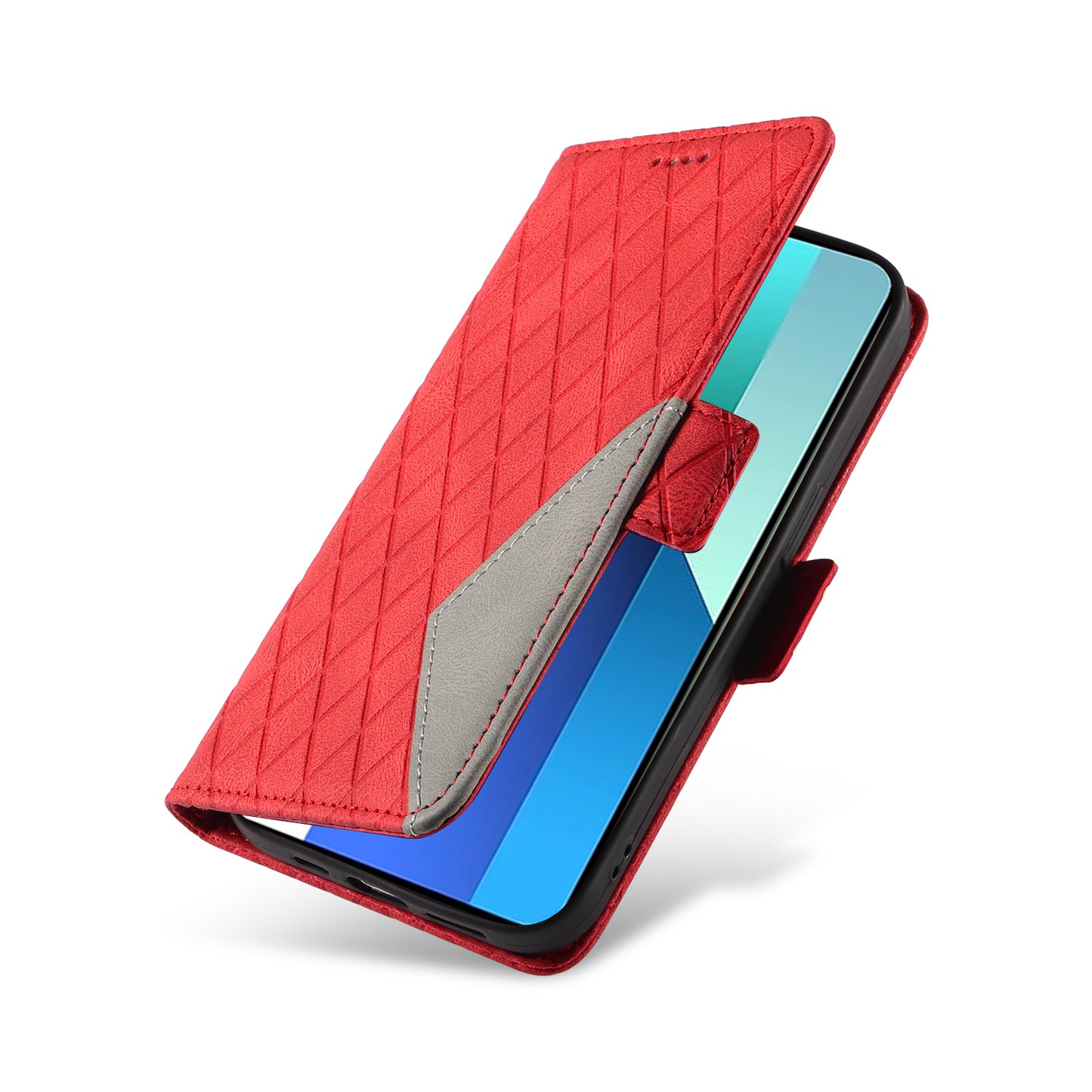 For Xiaomi Redmi Note 13 4G Leather Case Wallet Phone Cover Rhombus Pattern - Red
