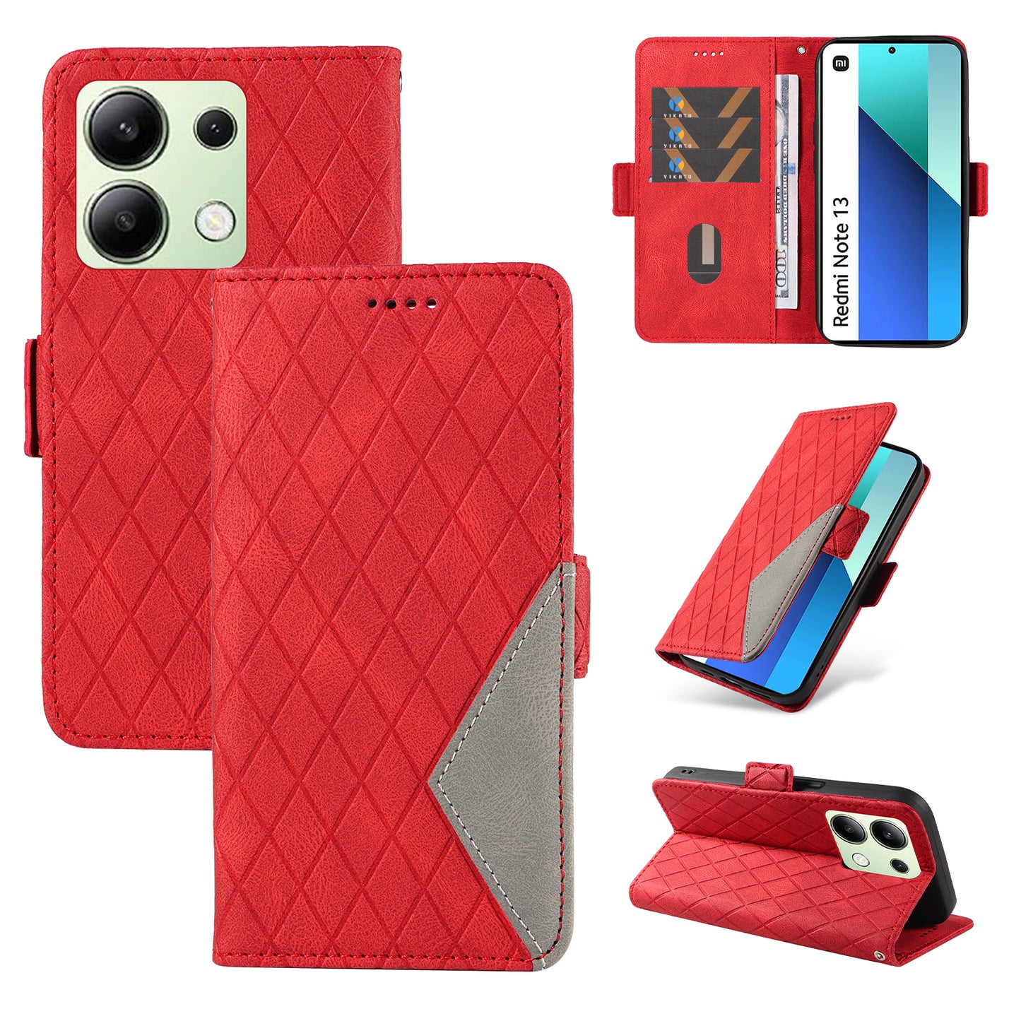 For Xiaomi Redmi Note 13 4G Leather Case Wallet Phone Cover Rhombus Pattern - Red