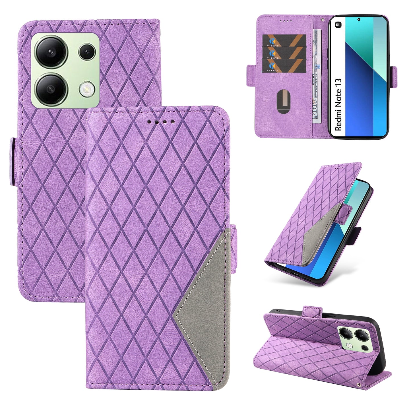 For Xiaomi Redmi Note 13 4G Leather Case Wallet Phone Cover Rhombus Pattern - Light Purple