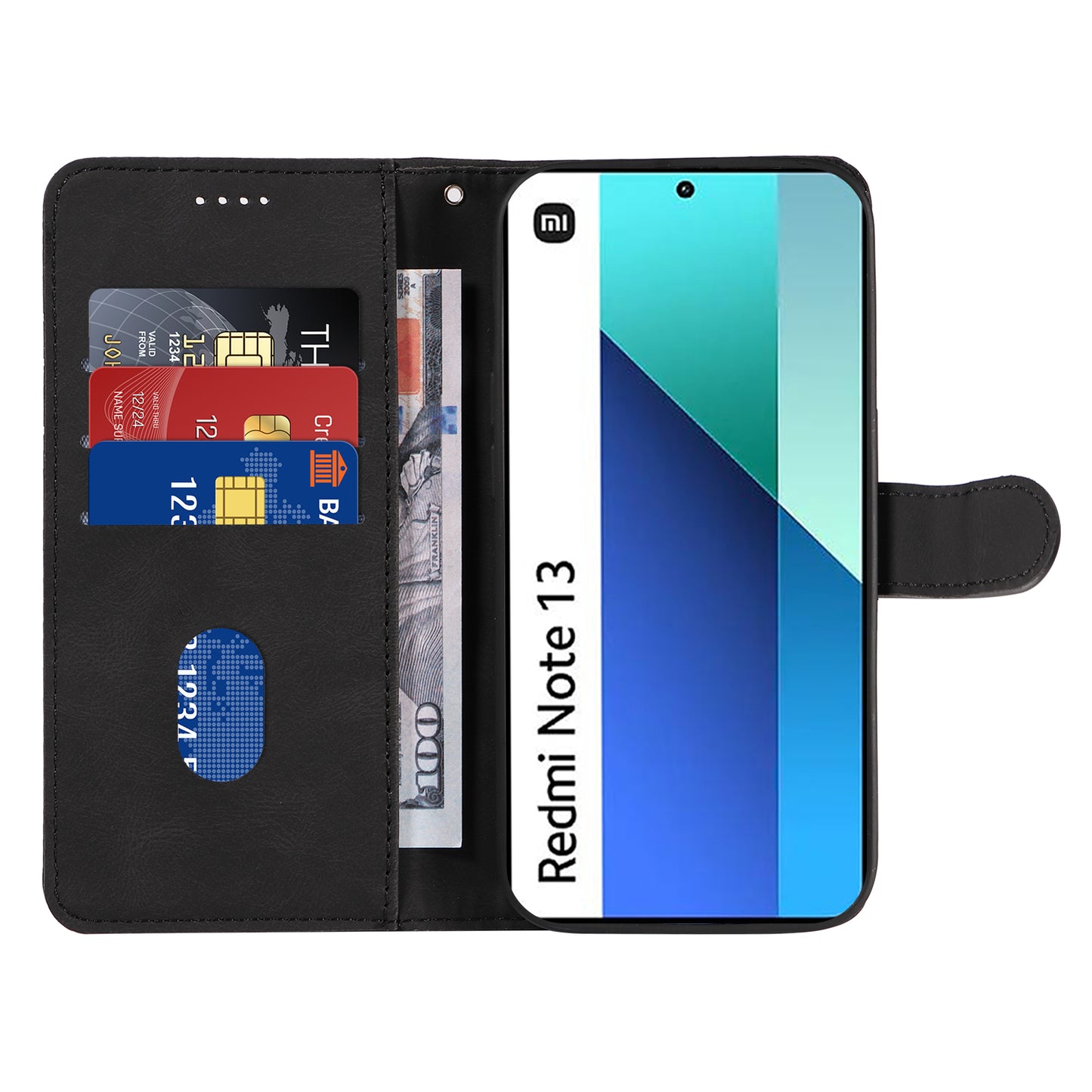 For Xiaomi Redmi Note 13 4G Case Leather Phone Cover with Wallet Card Slots - Black