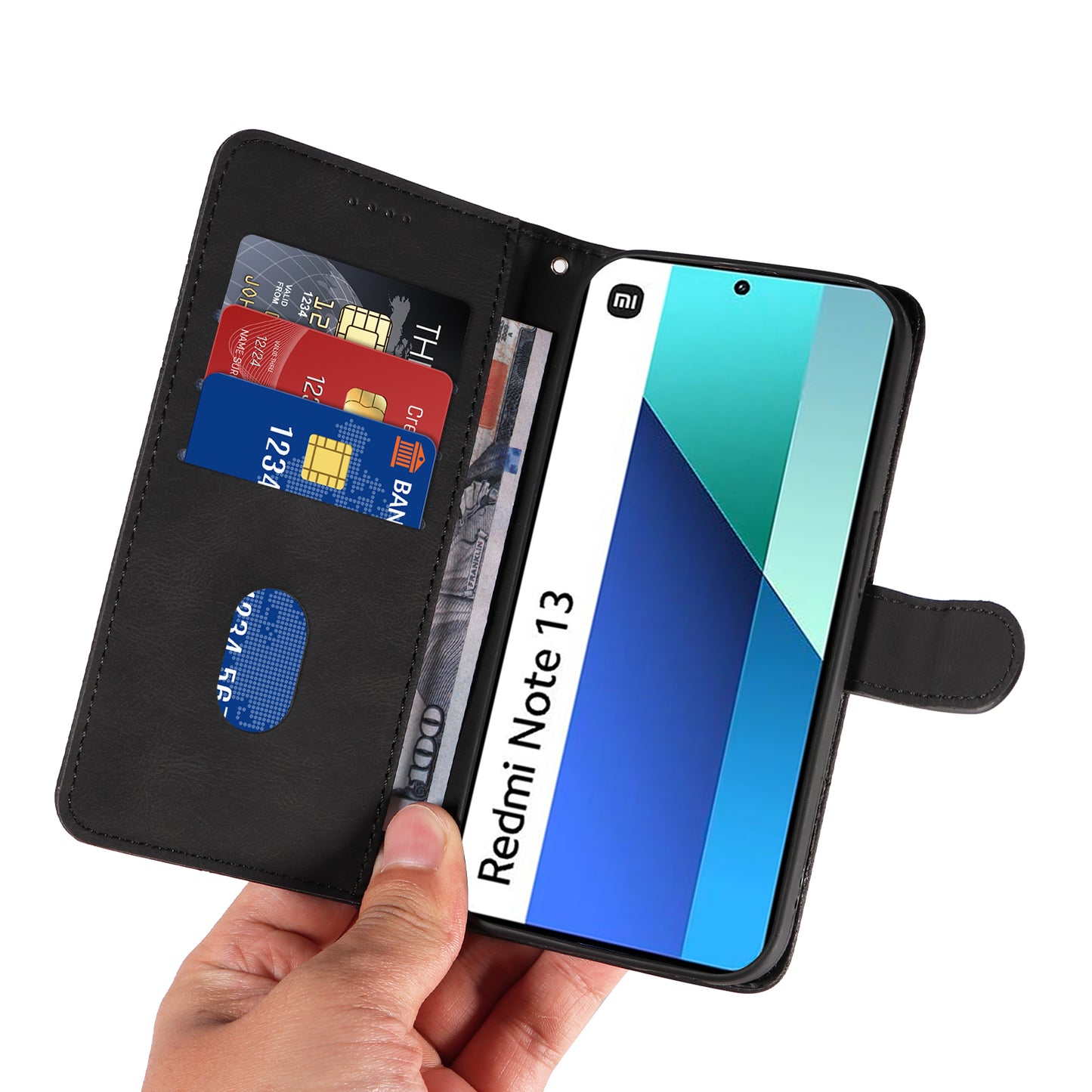 For Xiaomi Redmi Note 13 4G Case Leather Phone Cover with Wallet Card Slots - Black