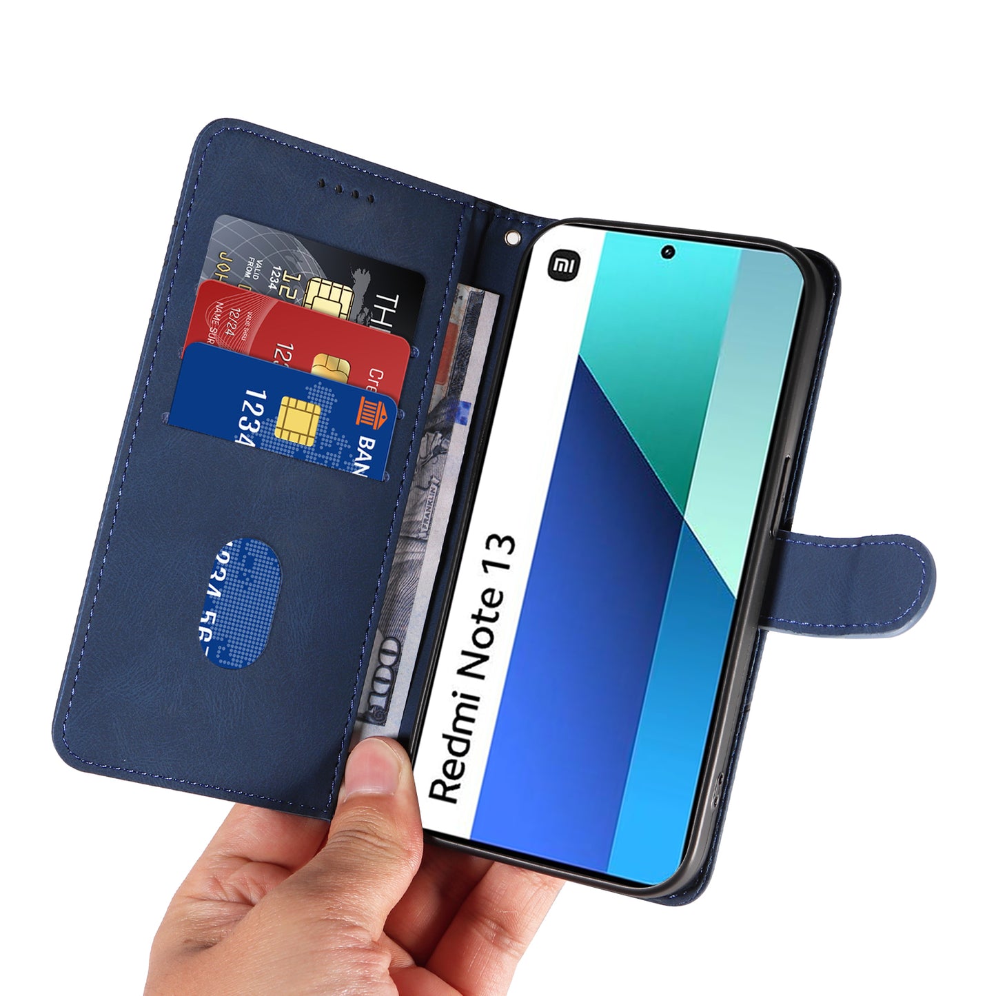 For Xiaomi Redmi Note 13 4G Case Leather Phone Cover with Wallet Card Slots - Blue