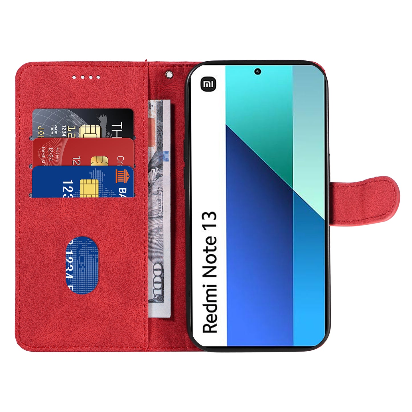For Xiaomi Redmi Note 13 4G Case Leather Phone Cover with Wallet Card Slots - Red