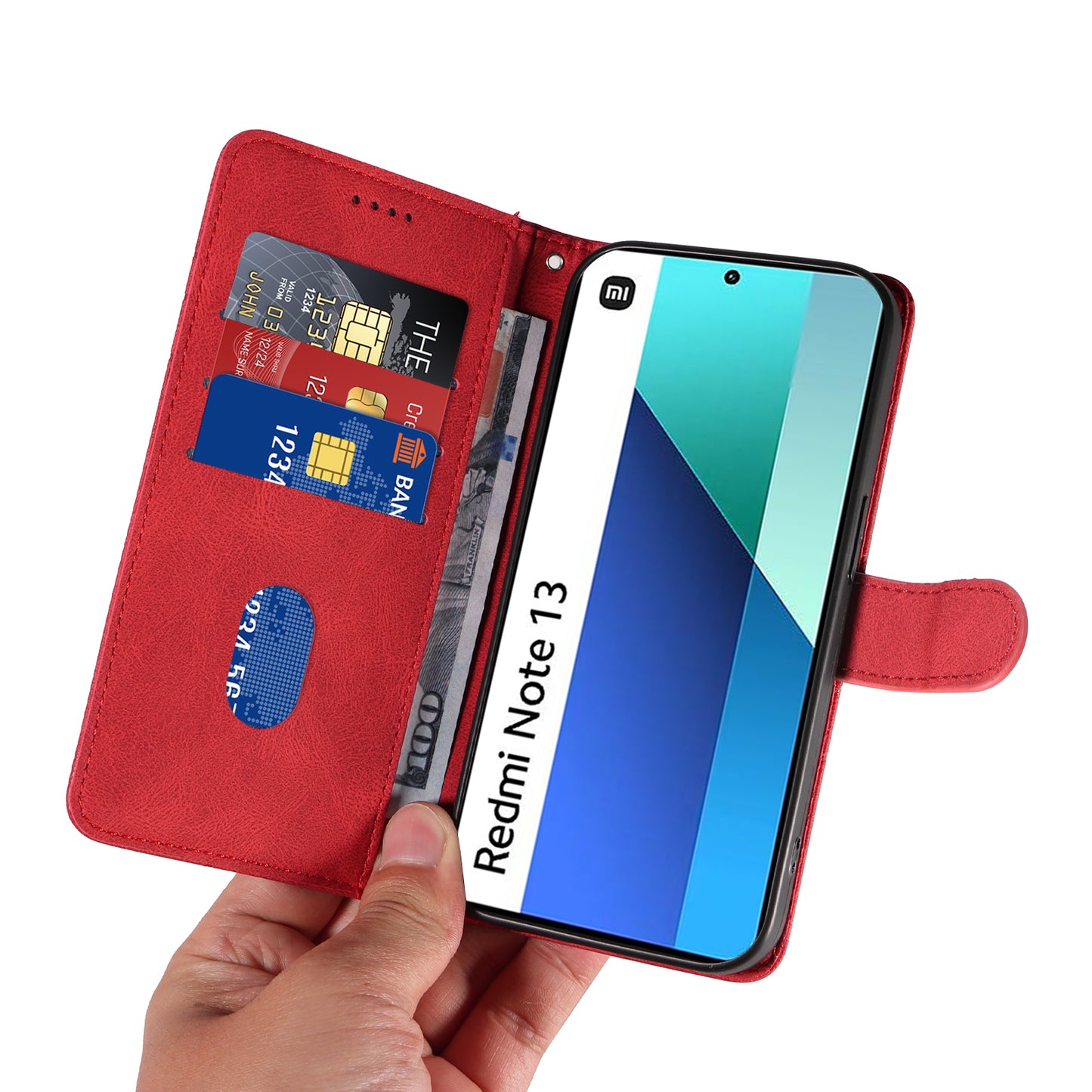 For Xiaomi Redmi Note 13 4G Case Leather Phone Cover with Wallet Card Slots - Red