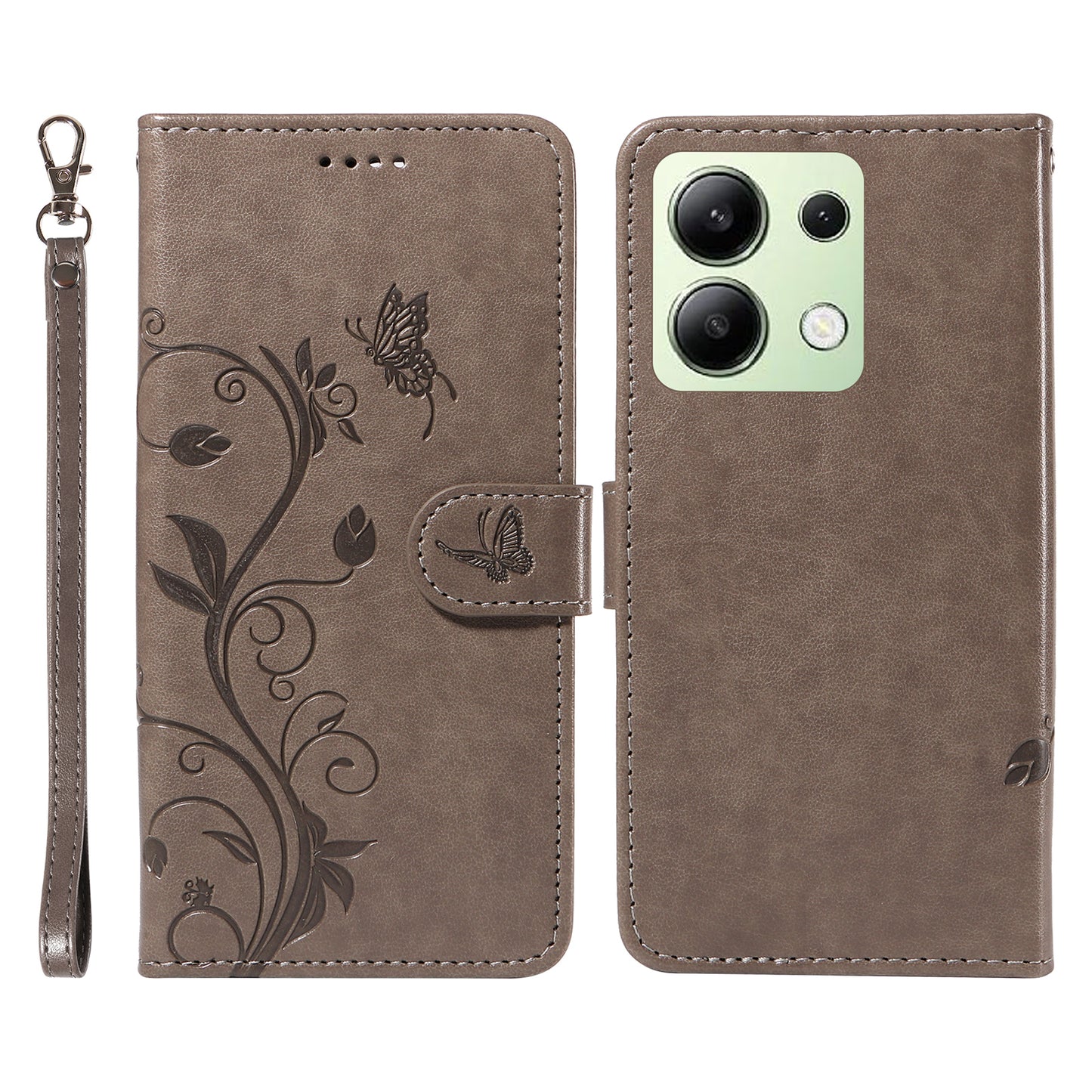 For Xiaomi Redmi Note 13 4G Leather Case Flower Butterfly Imprinted Wallet Phone Cover - Grey
