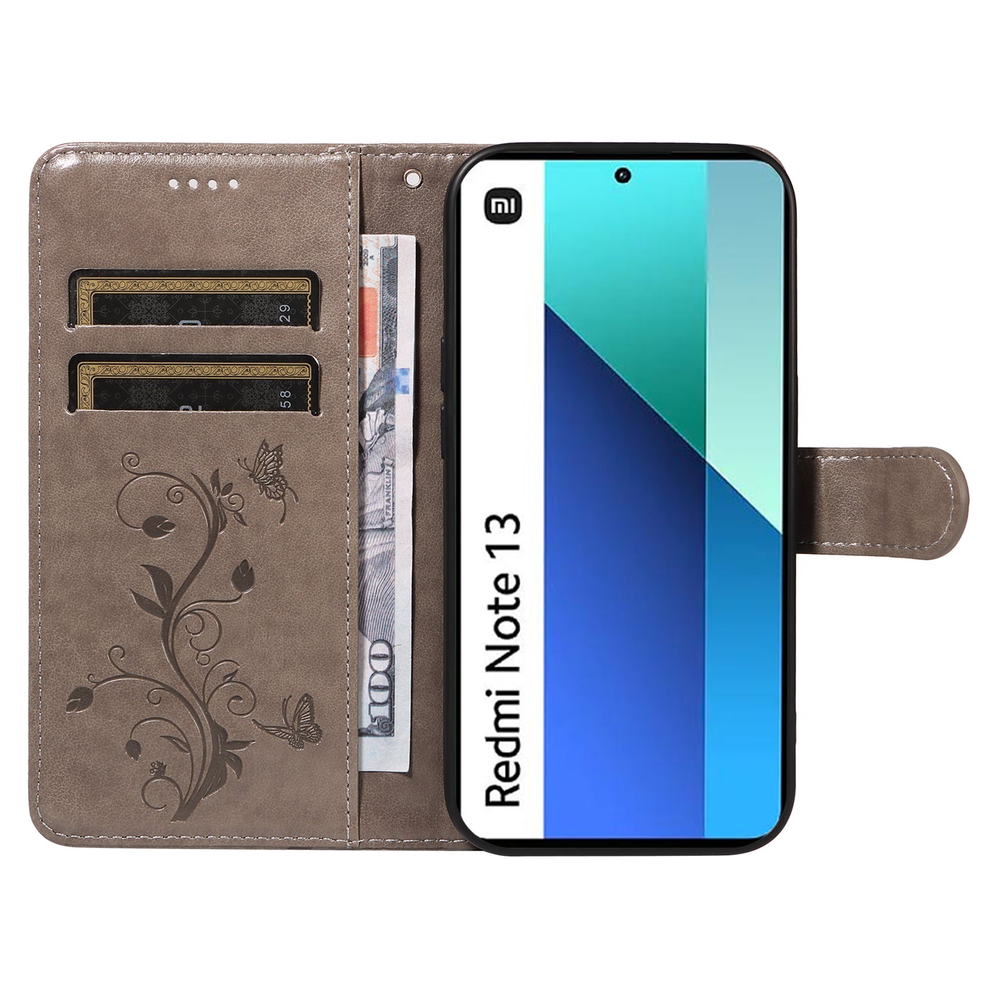 For Xiaomi Redmi Note 13 4G Leather Case Flower Butterfly Imprinted Wallet Phone Cover - Grey