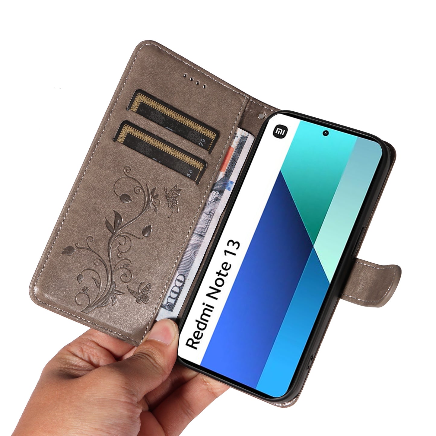 For Xiaomi Redmi Note 13 4G Leather Case Flower Butterfly Imprinted Wallet Phone Cover - Grey
