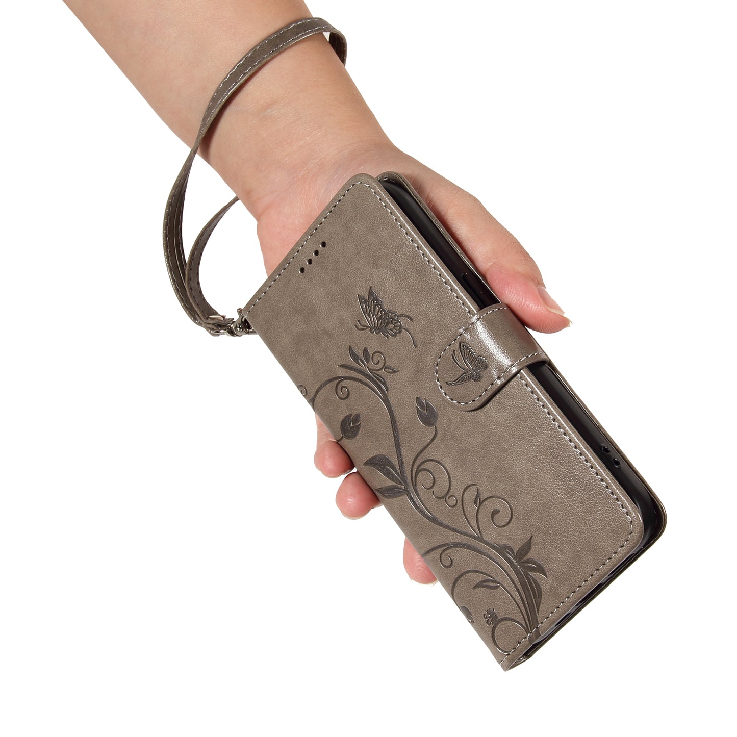 For Xiaomi Redmi Note 13 4G Leather Case Flower Butterfly Imprinted Wallet Phone Cover - Grey