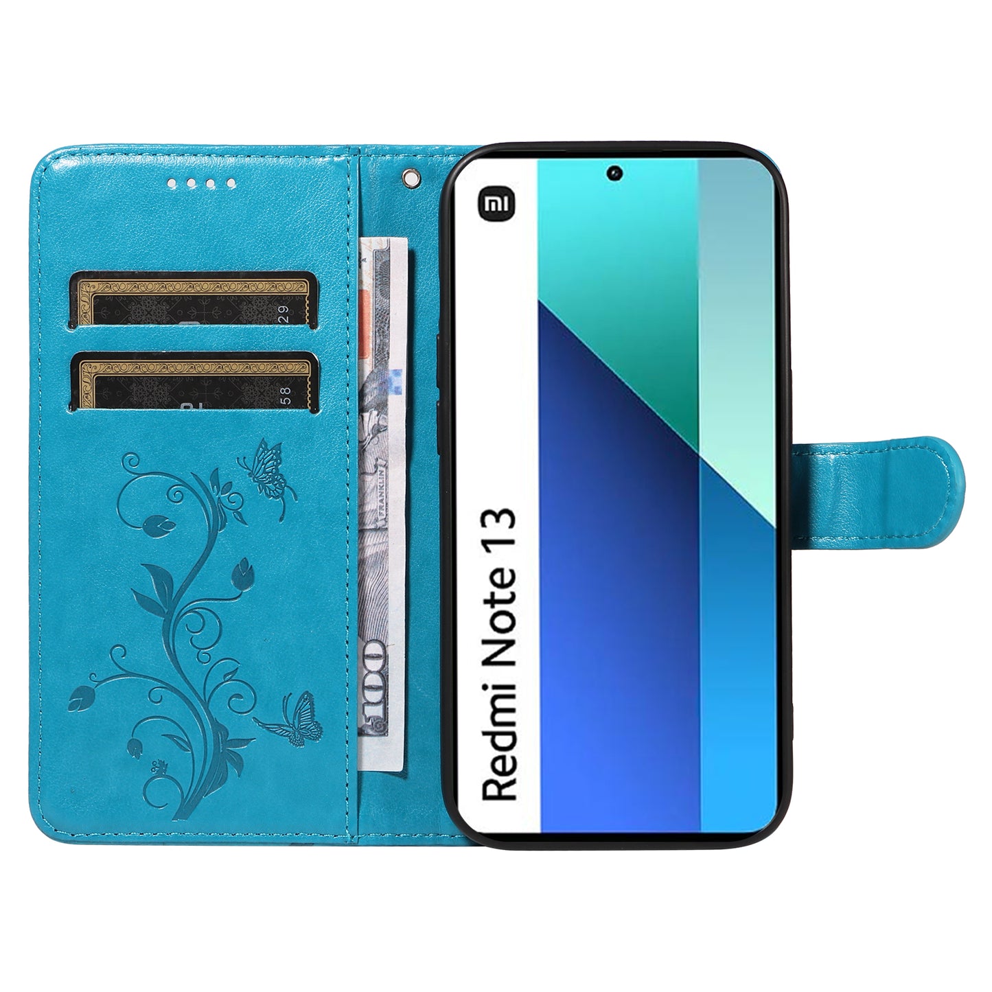 For Xiaomi Redmi Note 13 4G Leather Case Flower Butterfly Imprinted Wallet Phone Cover - Blue