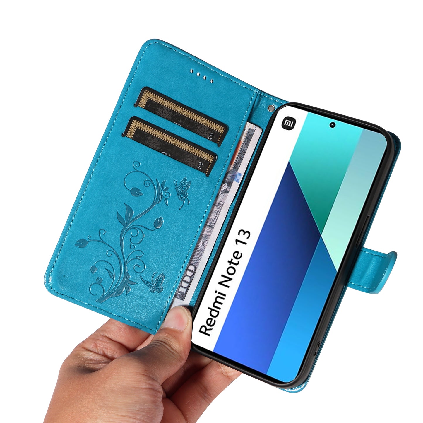 For Xiaomi Redmi Note 13 4G Leather Case Flower Butterfly Imprinted Wallet Phone Cover - Blue