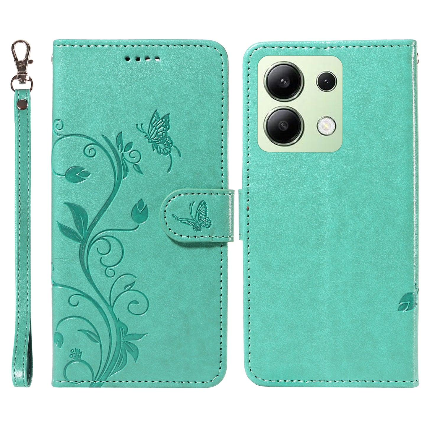 For Xiaomi Redmi Note 13 4G Leather Case Flower Butterfly Imprinted Wallet Phone Cover - Green