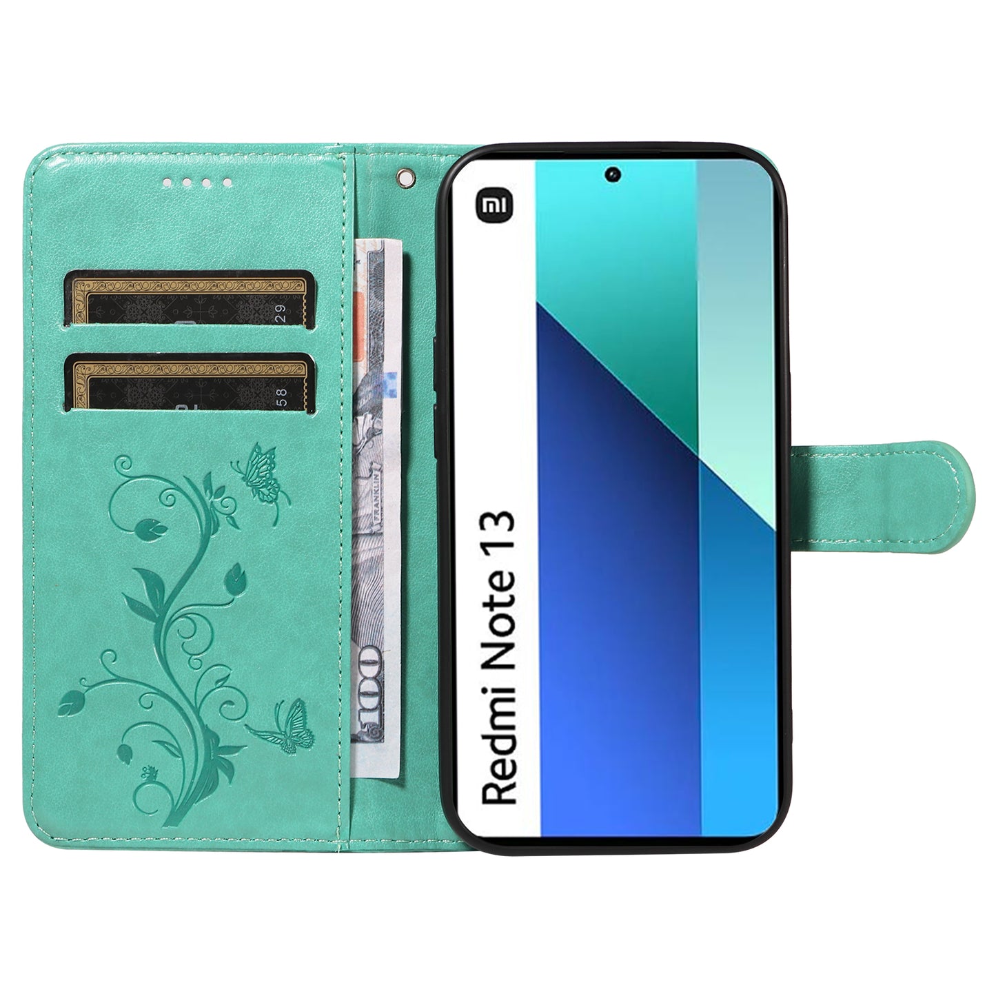 For Xiaomi Redmi Note 13 4G Leather Case Flower Butterfly Imprinted Wallet Phone Cover - Green