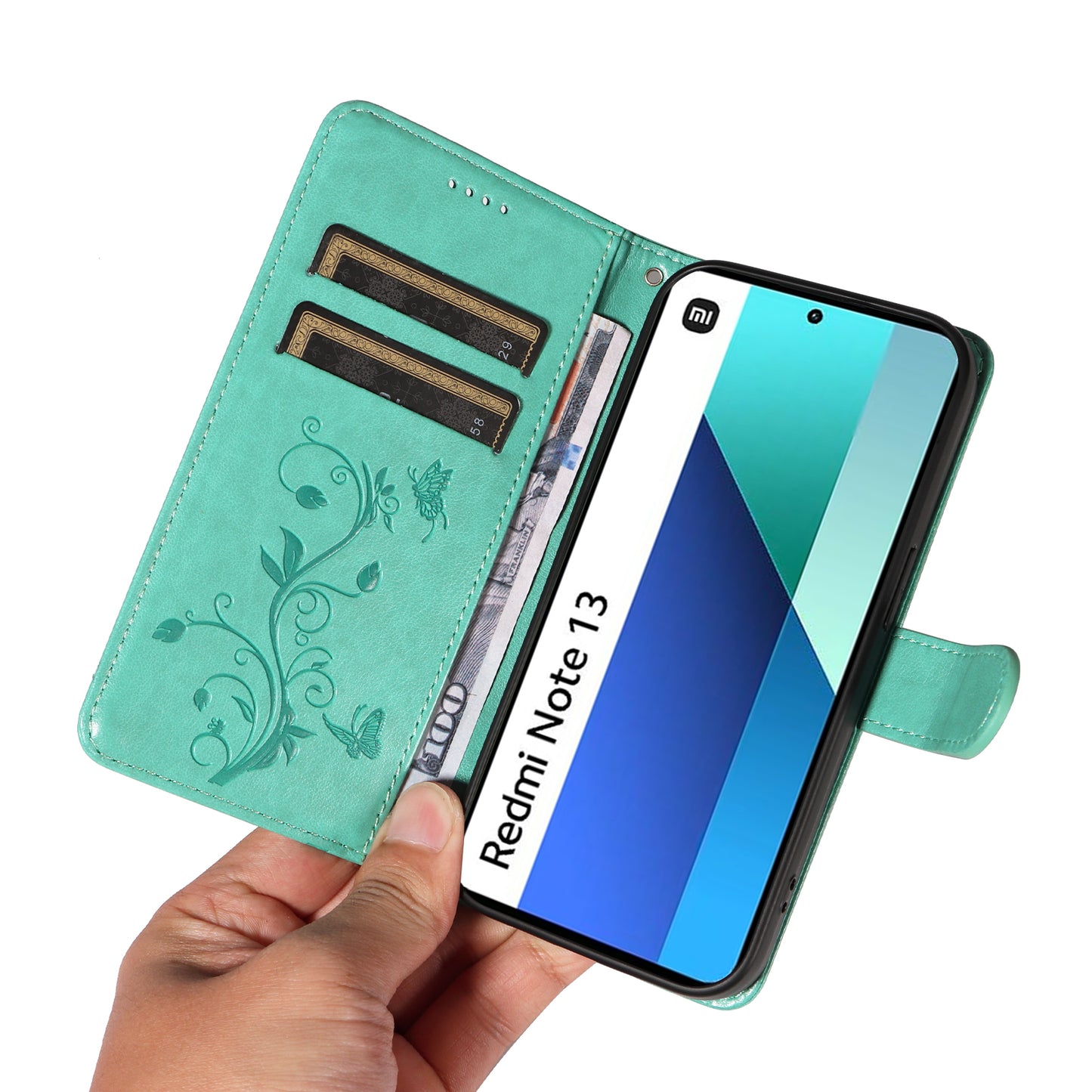 For Xiaomi Redmi Note 13 4G Leather Case Flower Butterfly Imprinted Wallet Phone Cover - Green