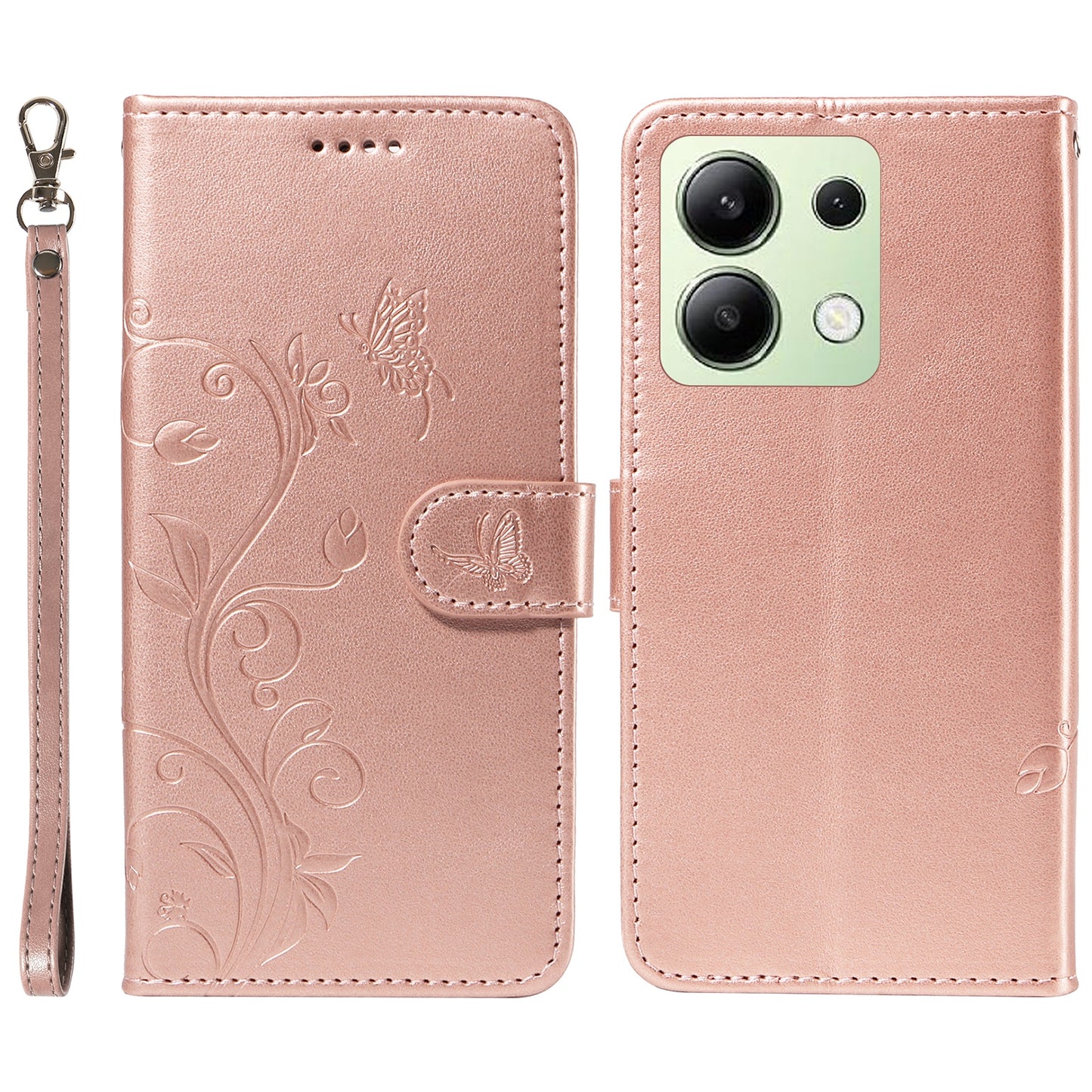 For Xiaomi Redmi Note 13 4G Leather Case Flower Butterfly Imprinted Wallet Phone Cover - Rose Gold